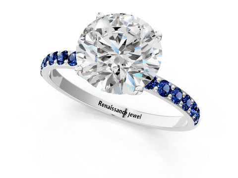 White gold Round Cut Diamond Solitaire Engagement Ring with Round with Blue Sapphire side stone Pavé Band and Prong Setting_13