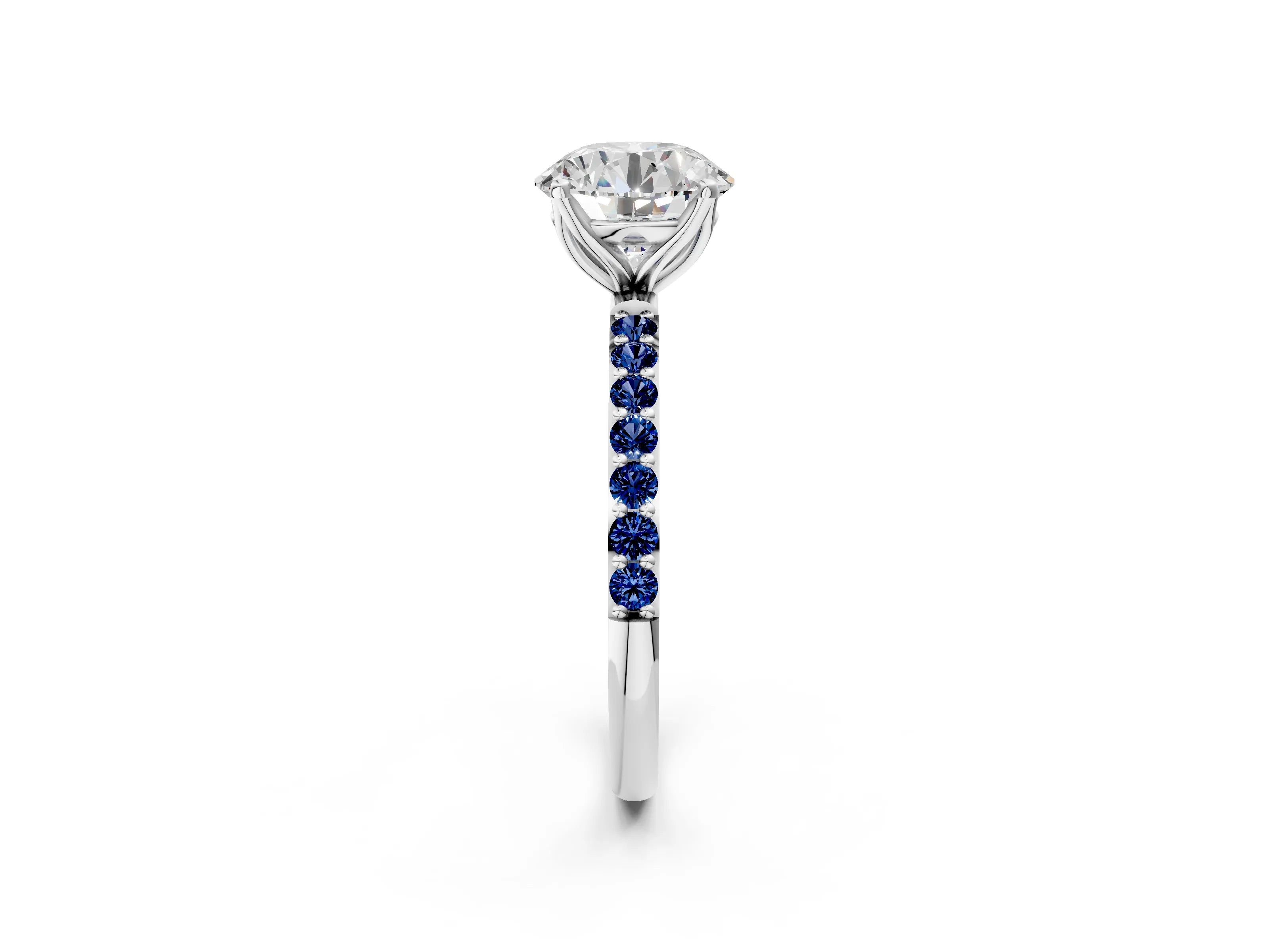 White gold Round Cut Diamond Solitaire Engagement Ring with Round with Blue Sapphire side stone Pavé Band and Prong Setting_14
