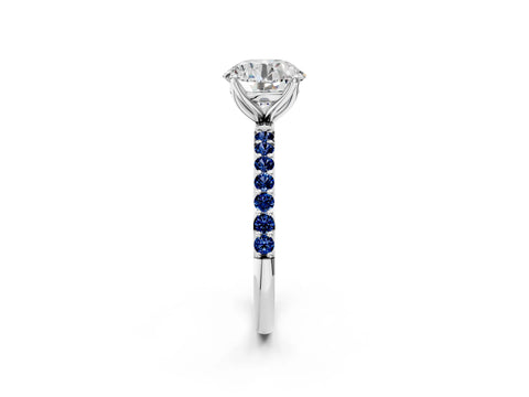 White gold Round Cut Diamond Solitaire Engagement Ring with Round with Blue Sapphire side stone Pavé Band and Prong Setting_14