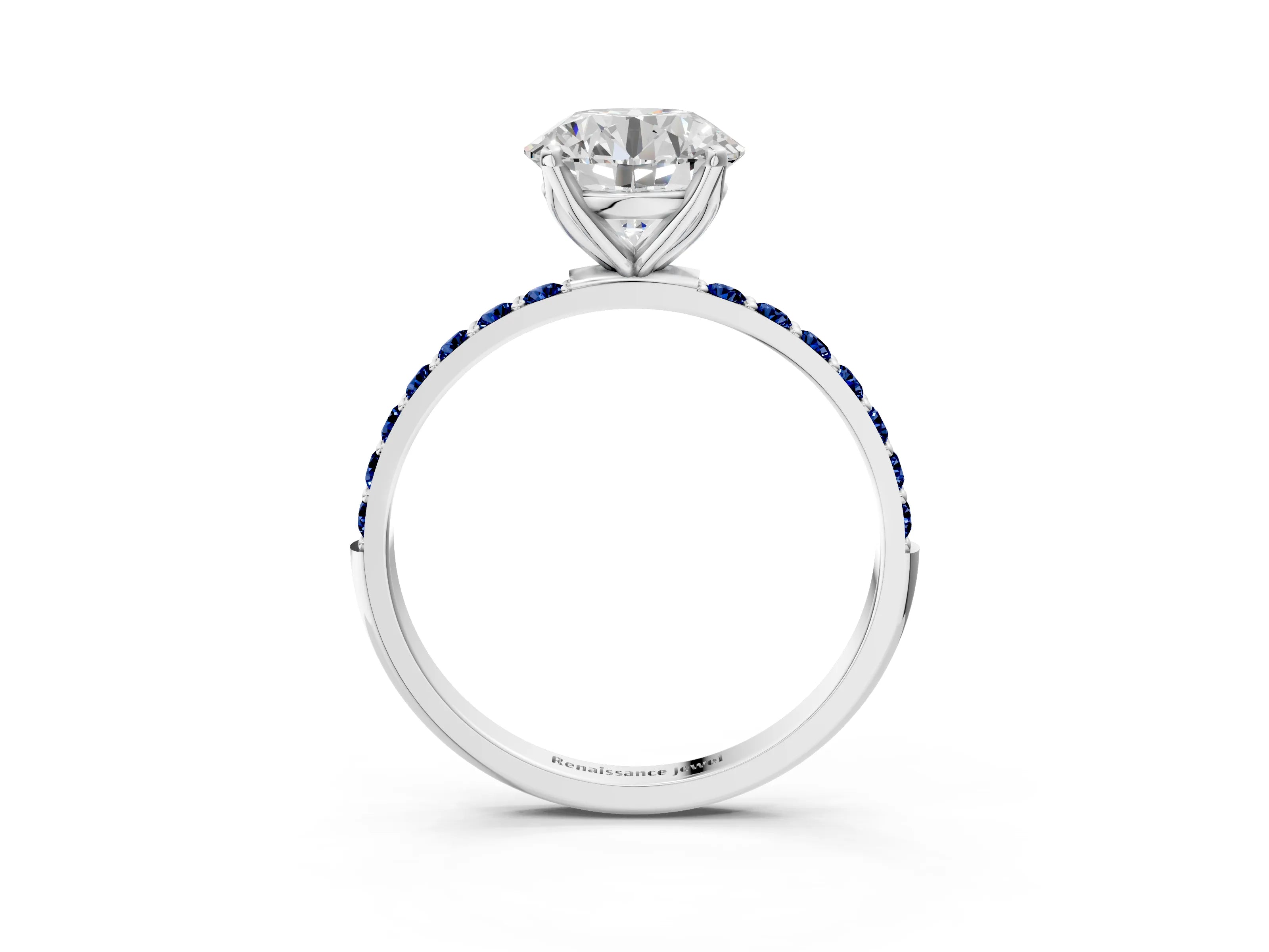 White gold Round Cut Diamond Solitaire Engagement Ring with Round with Blue Sapphire side stone Pavé Band and Prong Setting_15