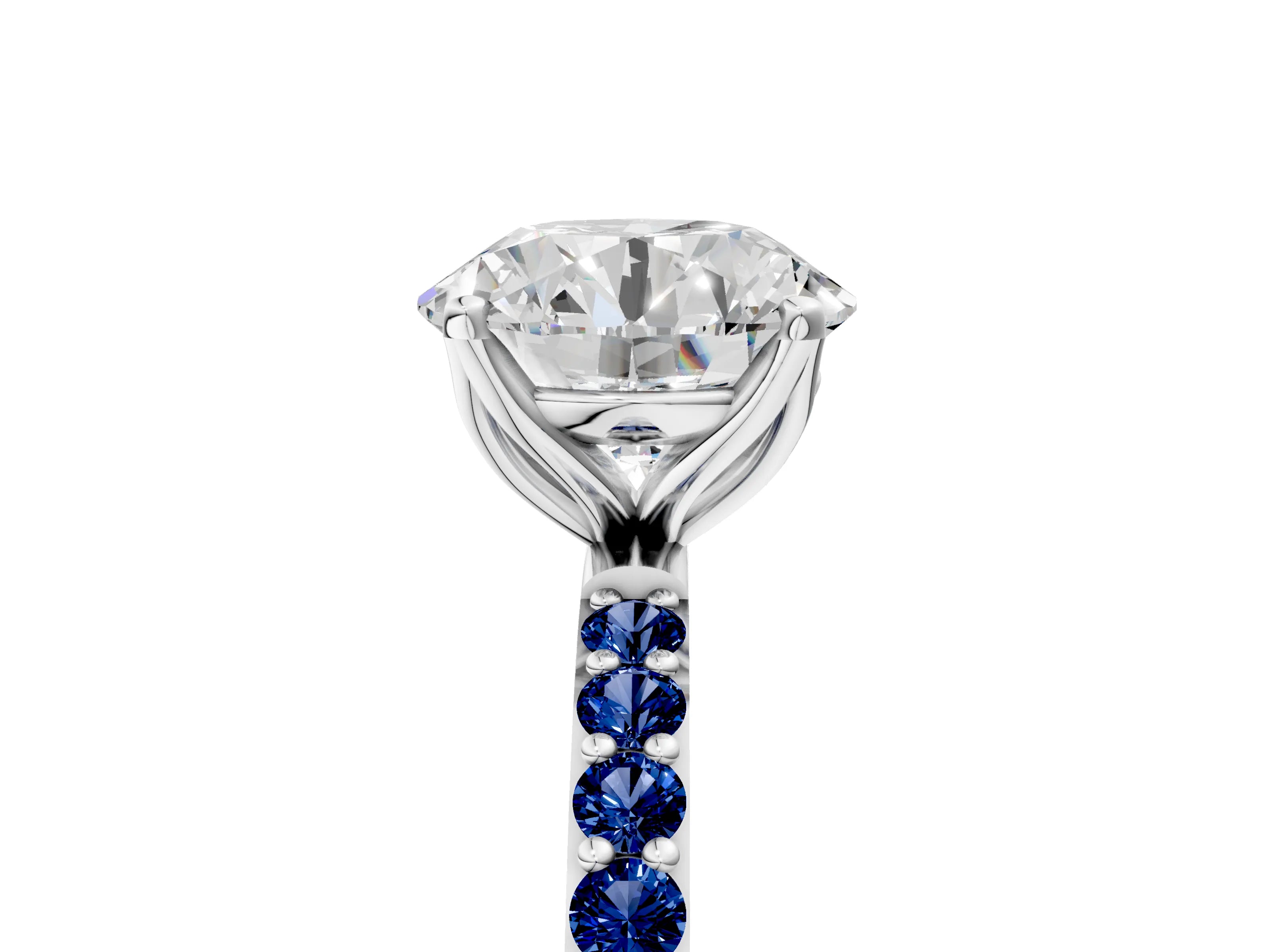 White gold Round Cut Diamond Solitaire Engagement Ring with Round with Blue Sapphire side stone Pavé Band and Prong Setting_17