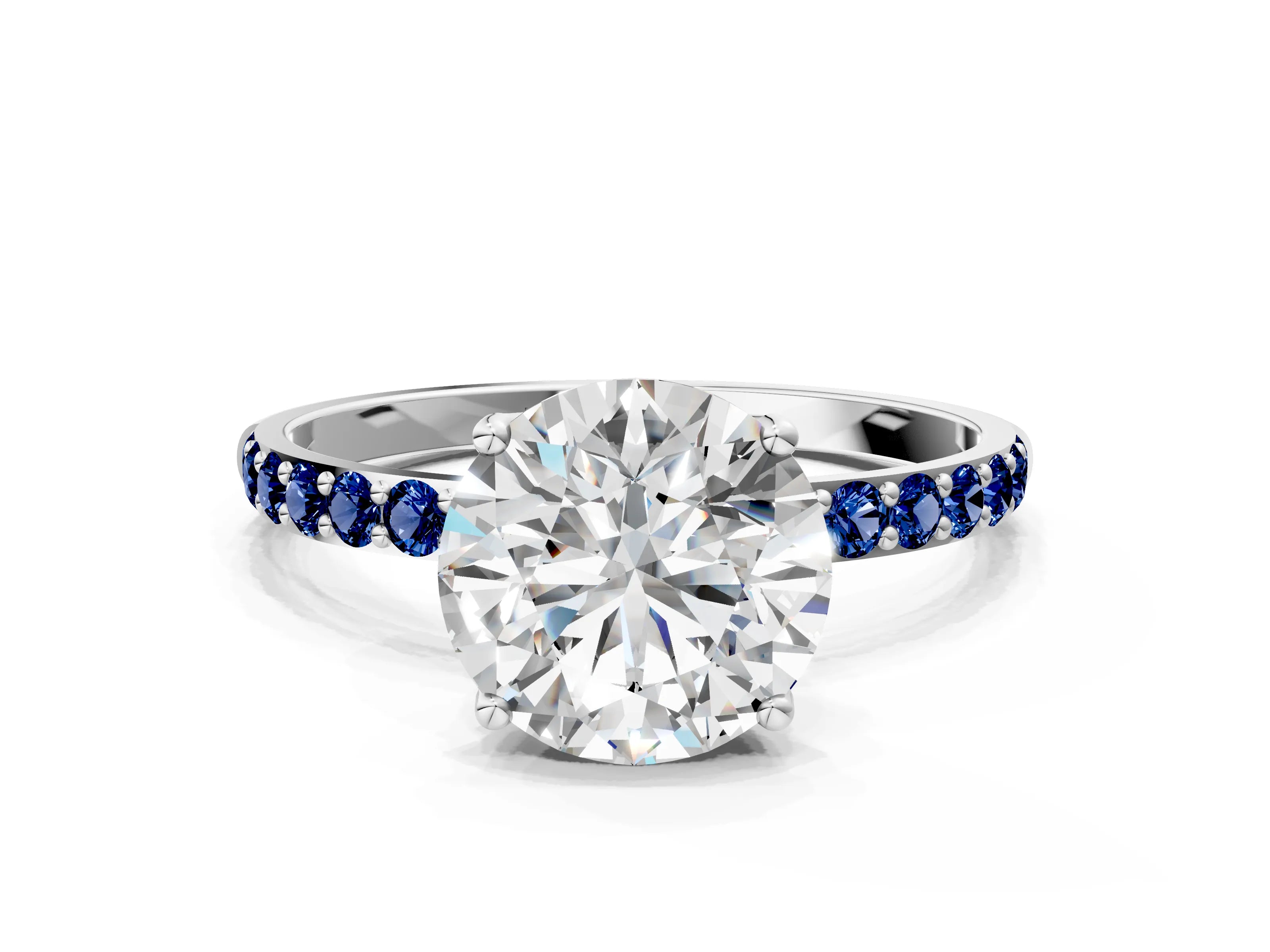 White gold Round Cut Diamond Solitaire Engagement Ring with Round with Blue Sapphire side stone Pavé Band and Prong Setting_48