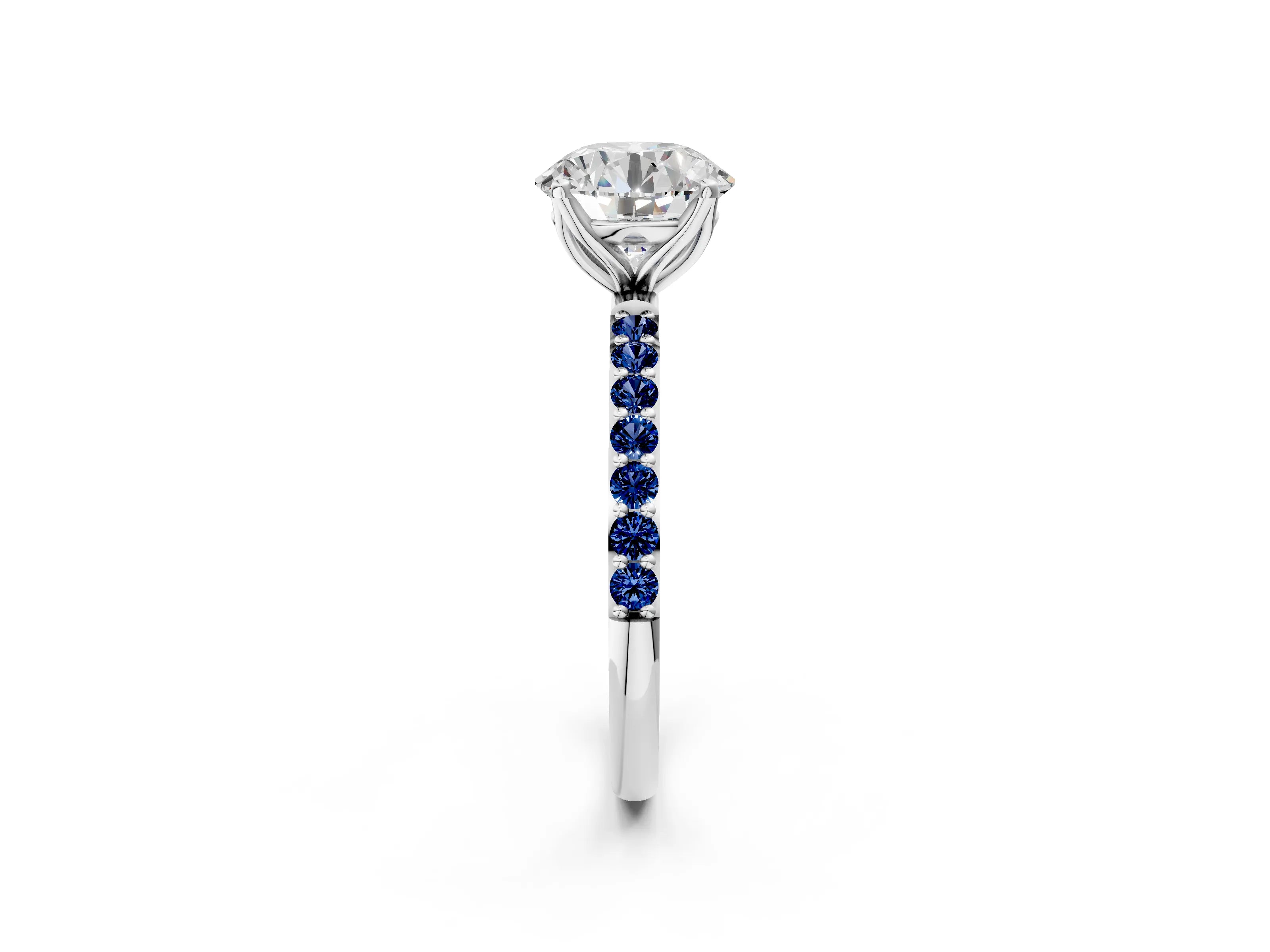 White gold Round Cut Diamond Solitaire Engagement Ring with Round with Blue Sapphire side stone Pavé Band and Prong Setting_50