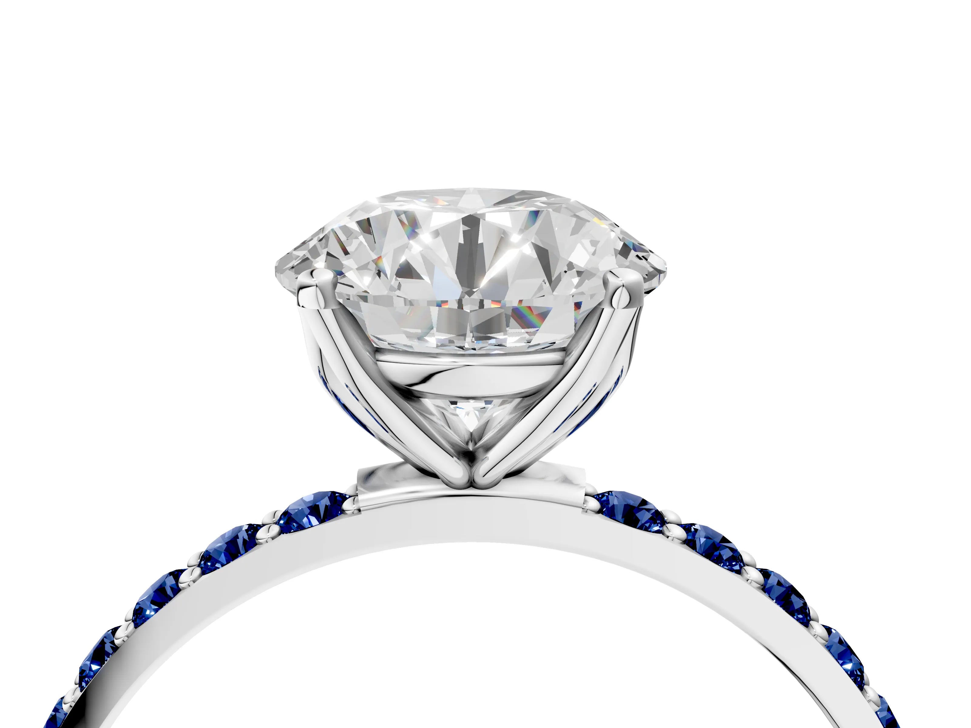 White gold Round Cut Diamond Solitaire Engagement Ring with Round with Blue Sapphire side stone Pavé Band and Prong Setting_52