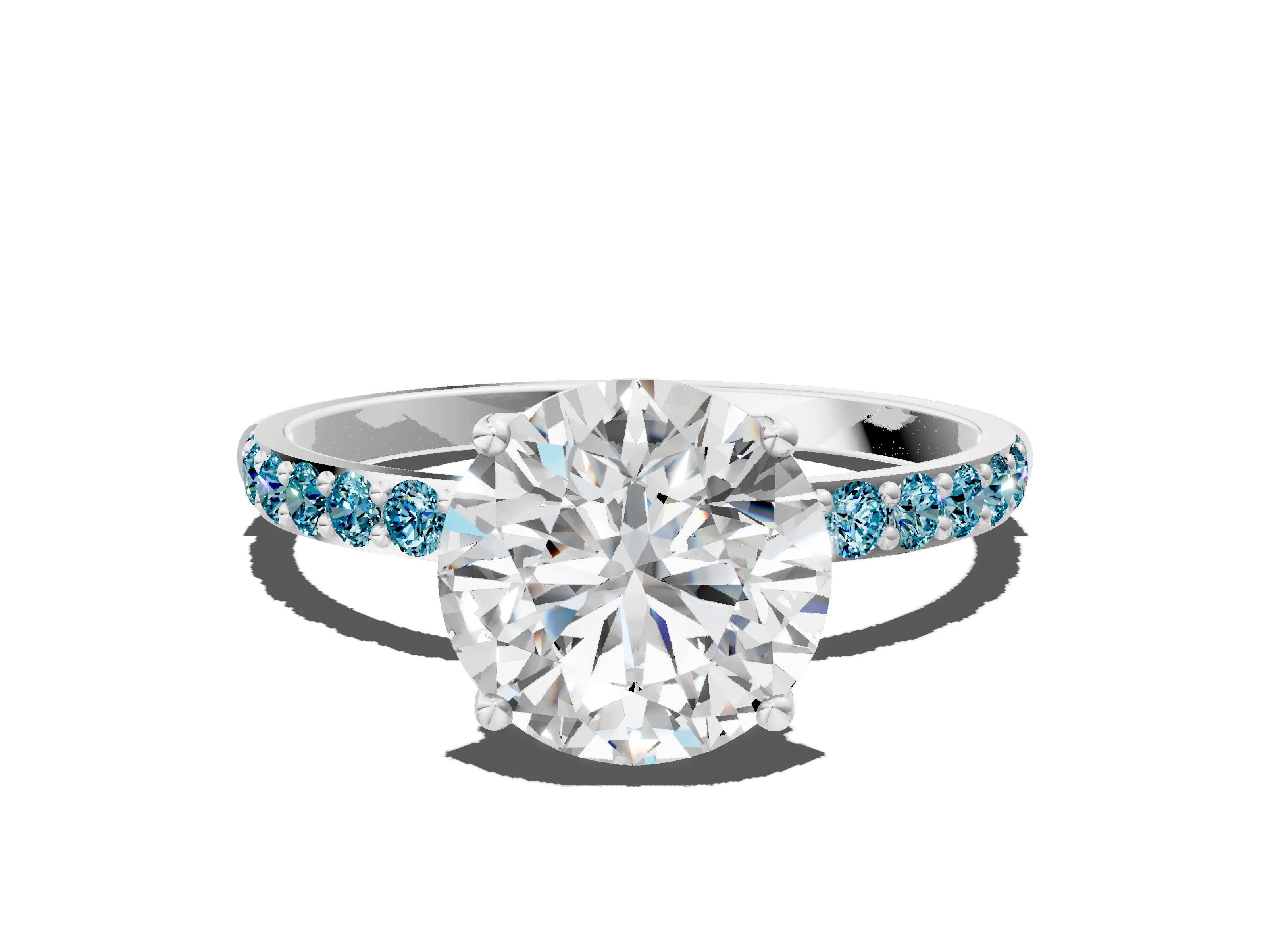 White gold Round Cut Diamond Solitaire Engagement Ring with Round with Blue Topaz side stone Pavé Band and Prong Setting_12