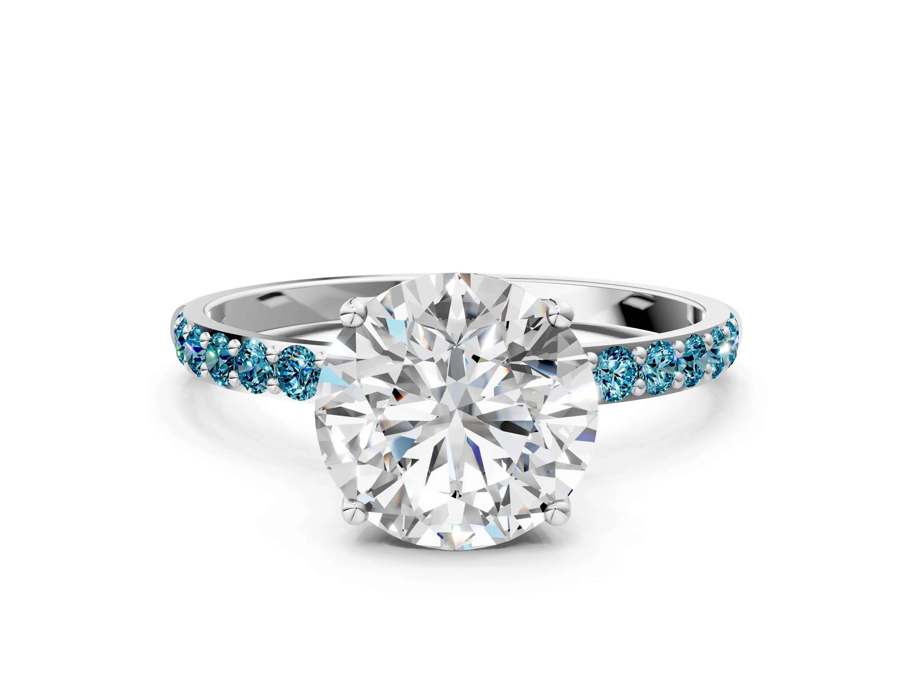 White gold Round Cut Diamond Solitaire Engagement Ring with Round with Blue Topaz side stone Pavé Band and Prong Setting_120