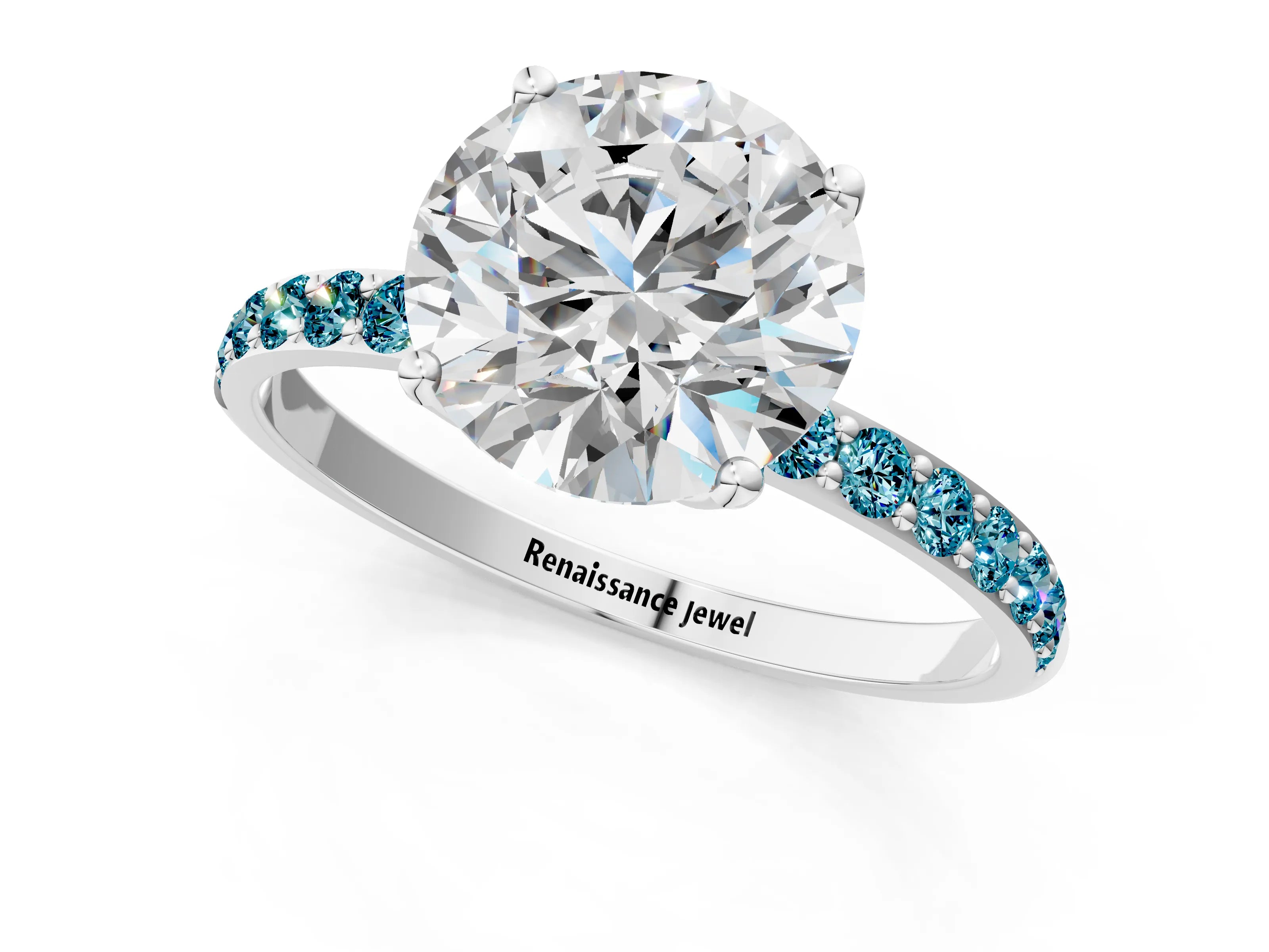 White gold Round Cut Diamond Solitaire Engagement Ring with Round with Blue Topaz side stone Pavé Band and Prong Setting_121