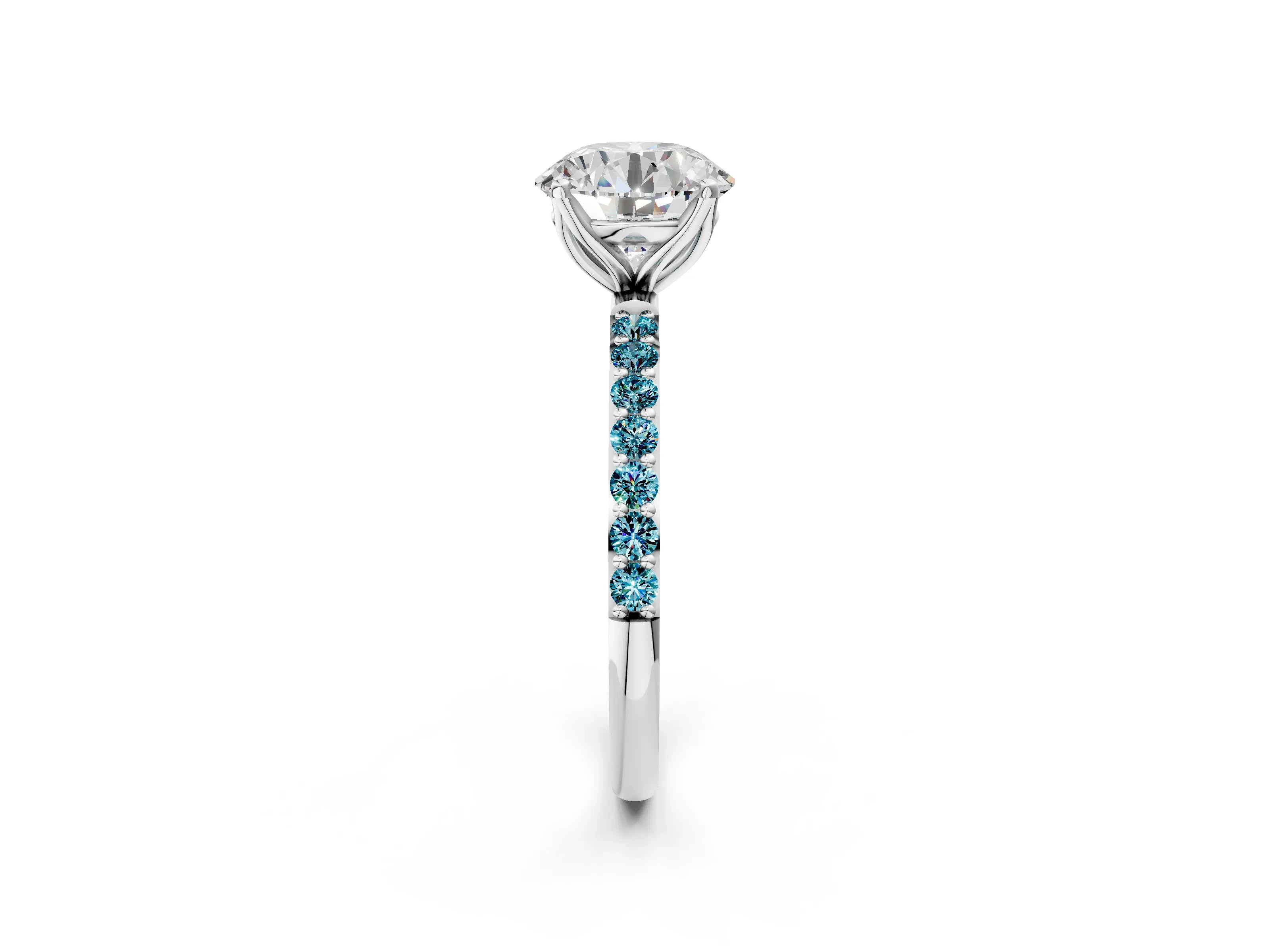 White gold Round Cut Diamond Solitaire Engagement Ring with Round with Blue Topaz side stone Pavé Band and Prong Setting_122