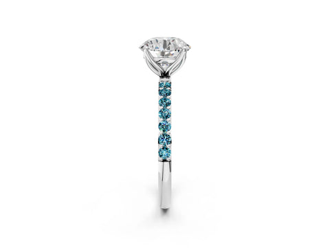 White gold Round Cut Diamond Solitaire Engagement Ring with Round with Blue Topaz side stone Pavé Band and Prong Setting_122