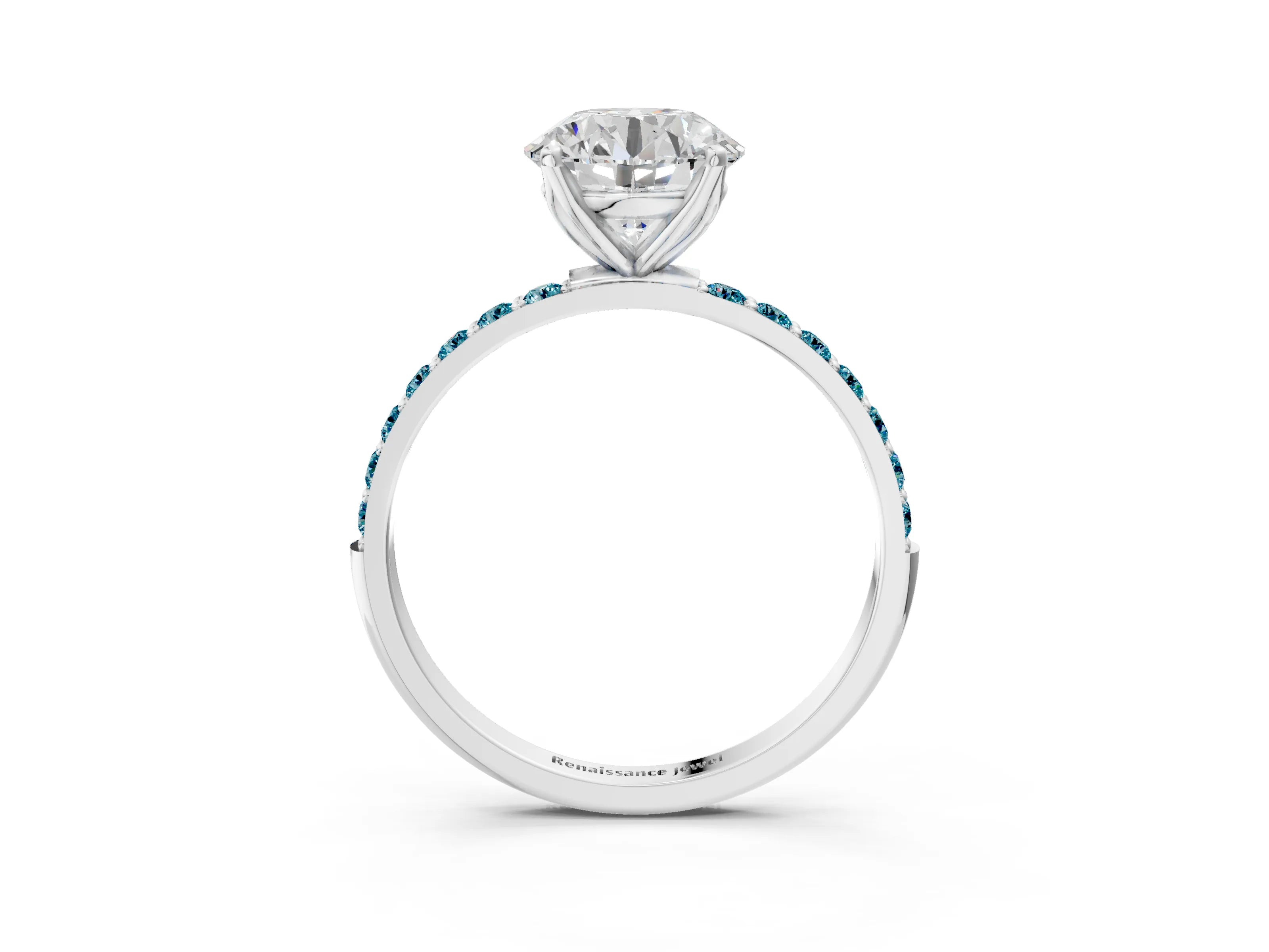 White gold Round Cut Diamond Solitaire Engagement Ring with Round with Blue Topaz side stone Pavé Band and Prong Setting_123
