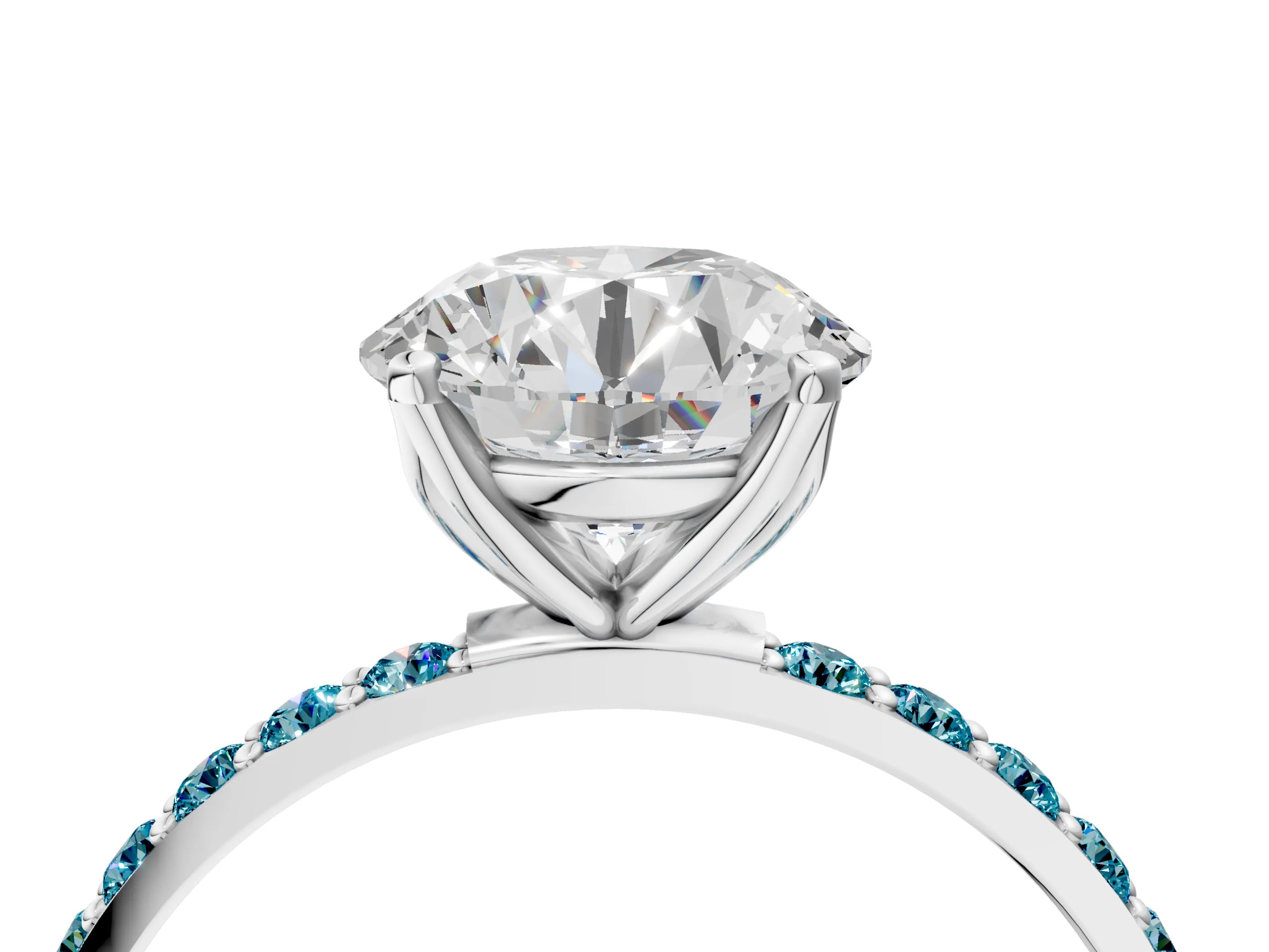 White gold Round Cut Diamond Solitaire Engagement Ring with Round with Blue Topaz side stone Pavé Band and Prong Setting_124