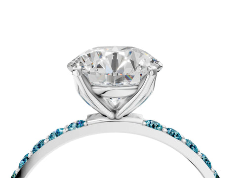 White gold Round Cut Diamond Solitaire Engagement Ring with Round with Blue Topaz side stone Pavé Band and Prong Setting_124