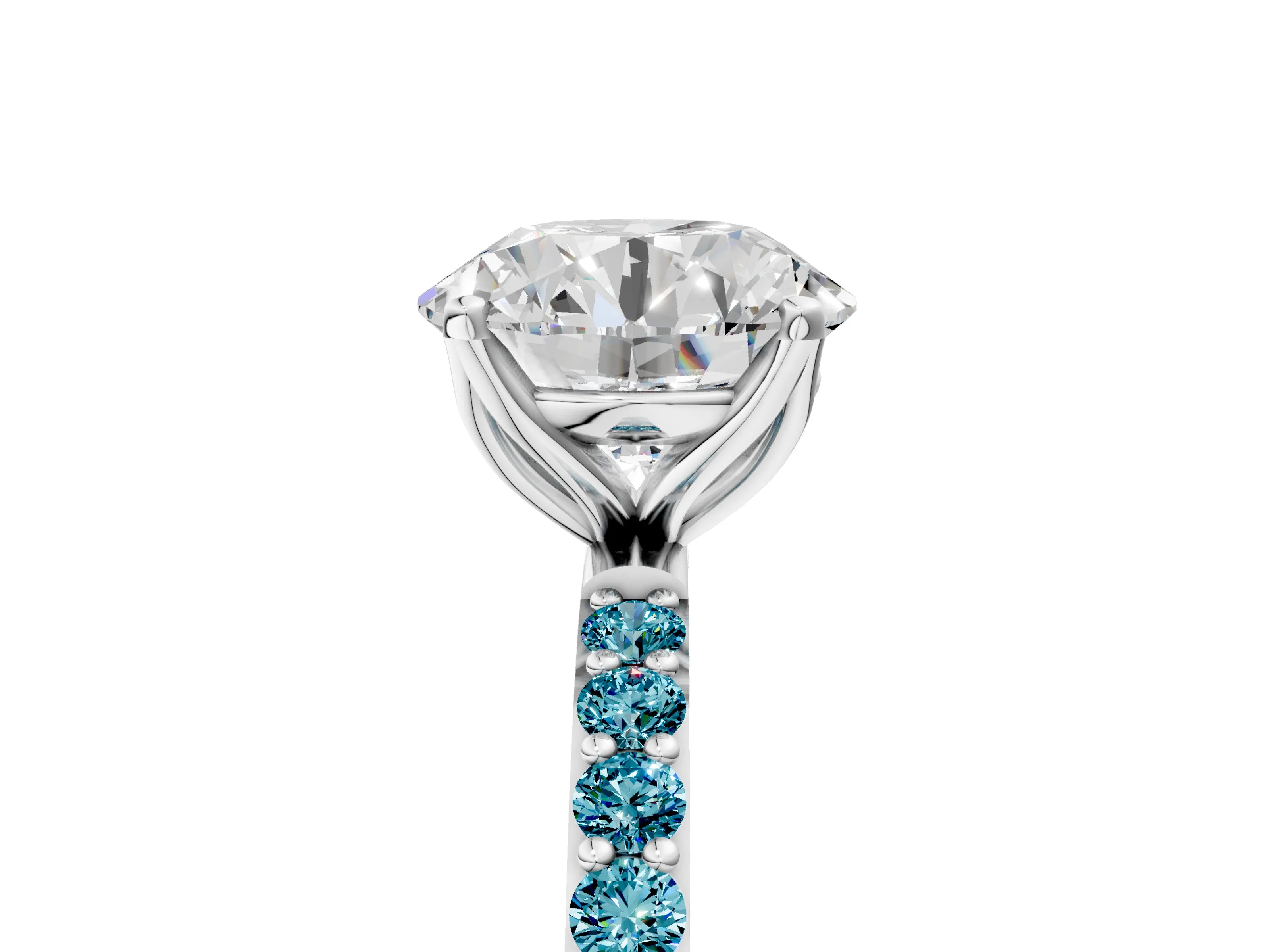White gold Round Cut Diamond Solitaire Engagement Ring with Round with Blue Topaz side stone Pavé Band and Prong Setting_125