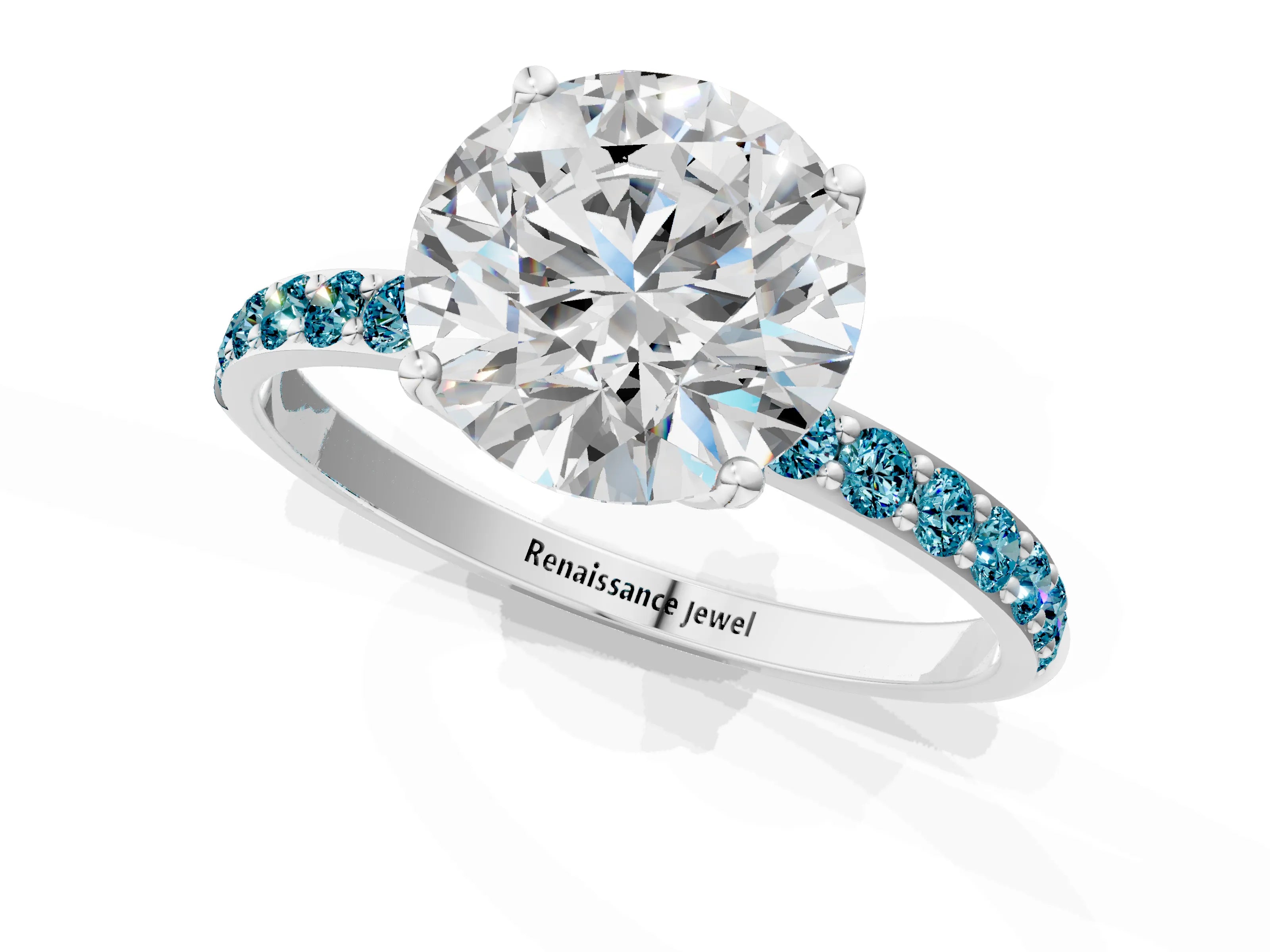 White gold Round Cut Diamond Solitaire Engagement Ring with Round with Blue Topaz side stone Pavé Band and Prong Setting_13