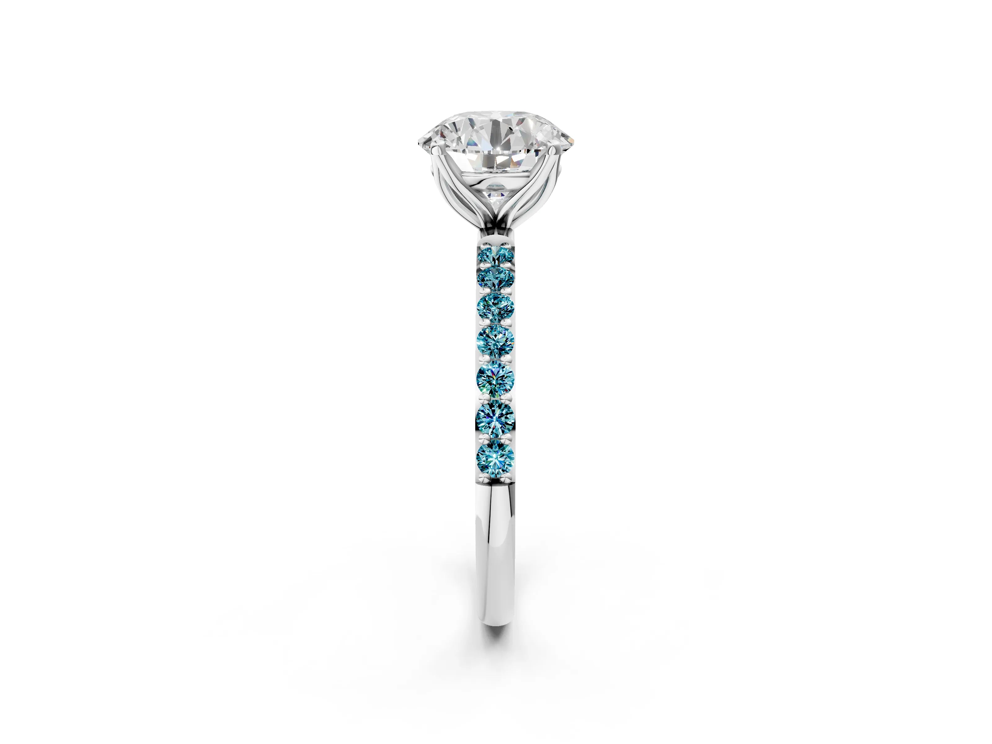 White gold Round Cut Diamond Solitaire Engagement Ring with Round with Blue Topaz side stone Pavé Band and Prong Setting_14