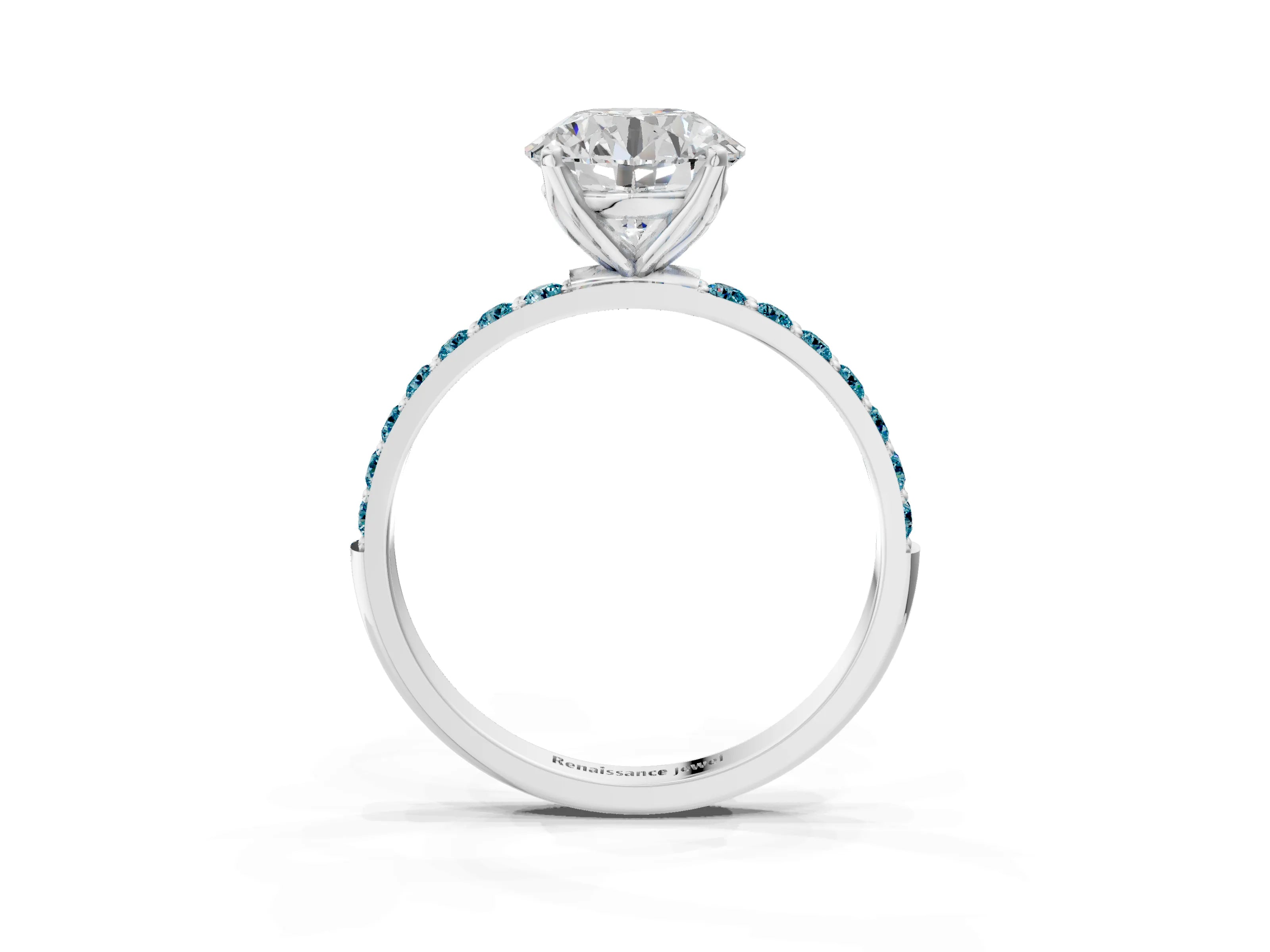 White gold Round Cut Diamond Solitaire Engagement Ring with Round with Blue Topaz side stone Pavé Band and Prong Setting_15