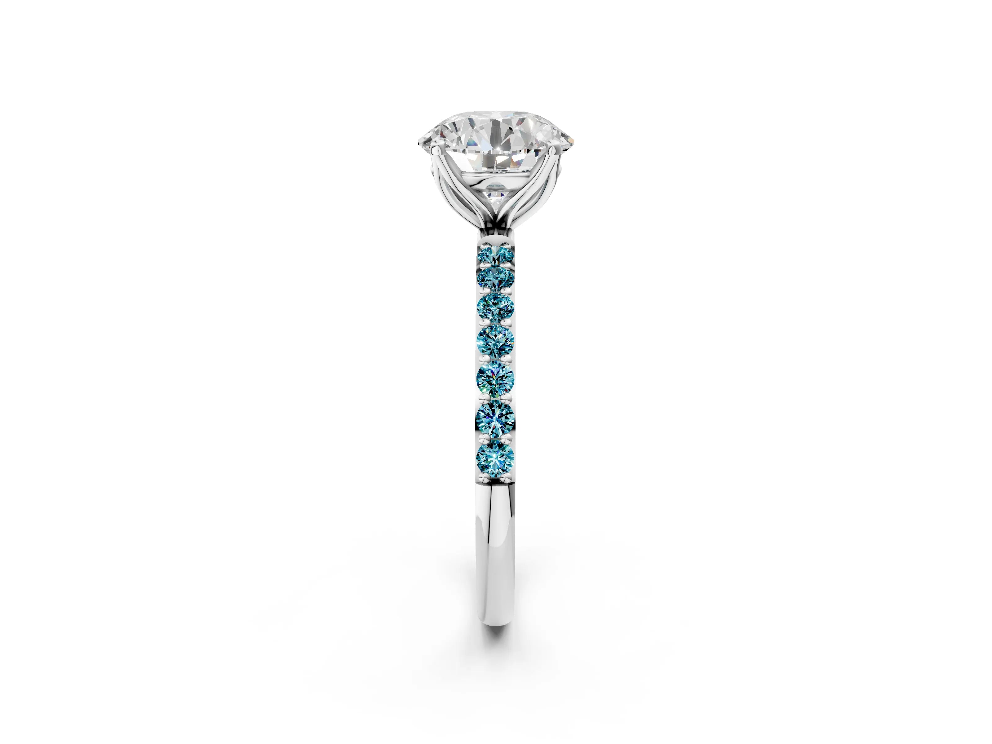 White gold Round Cut Diamond Solitaire Engagement Ring with Round with Blue Topaz side stone Pavé Band and Prong Setting_56