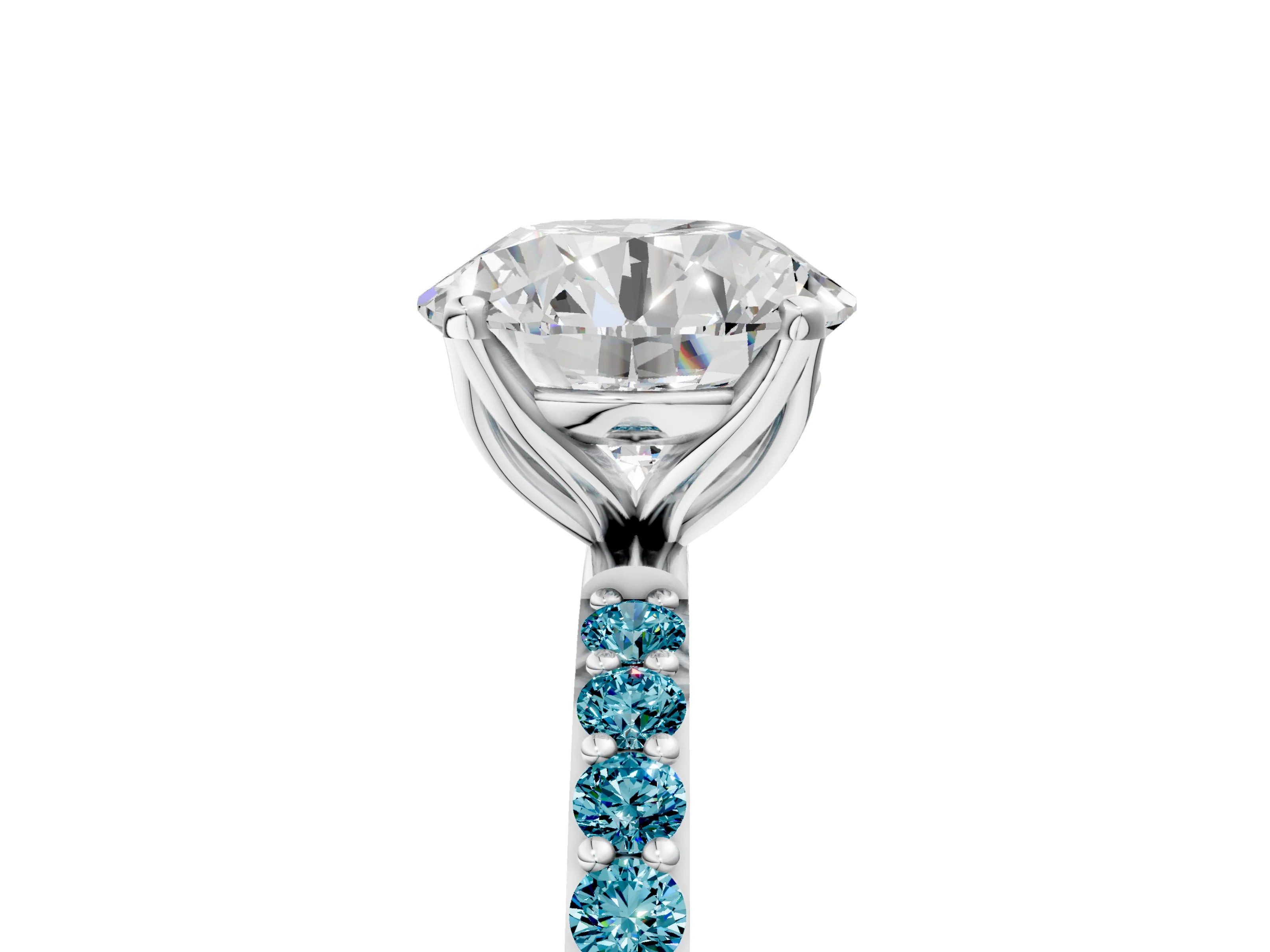 White gold Round Cut Diamond Solitaire Engagement Ring with Round with Blue Topaz side stone Pavé Band and Prong Setting_59