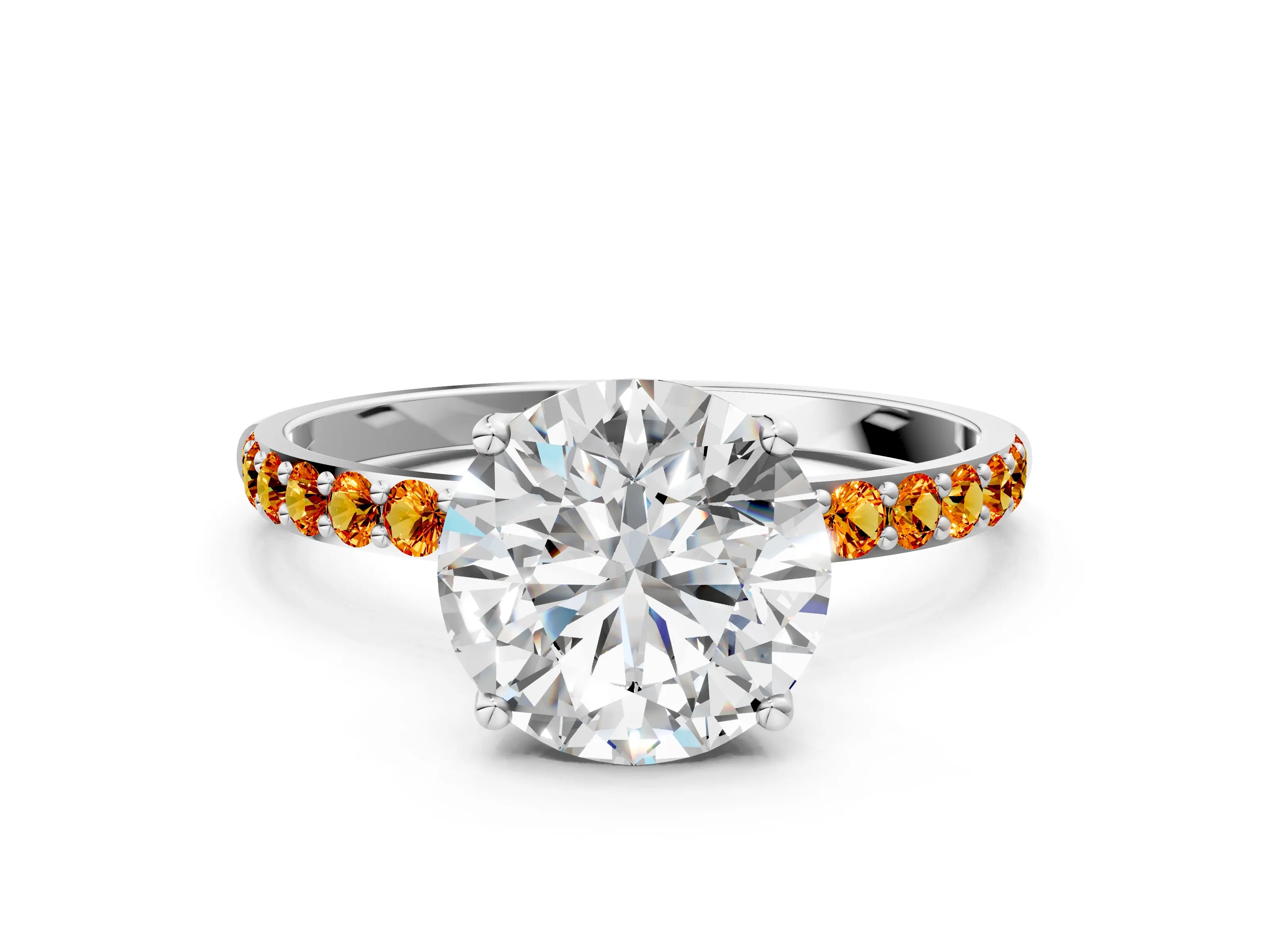 White gold Round Cut Diamond Solitaire Engagement Ring with Round with Citrine side stone Pavé Band and Prong Setting