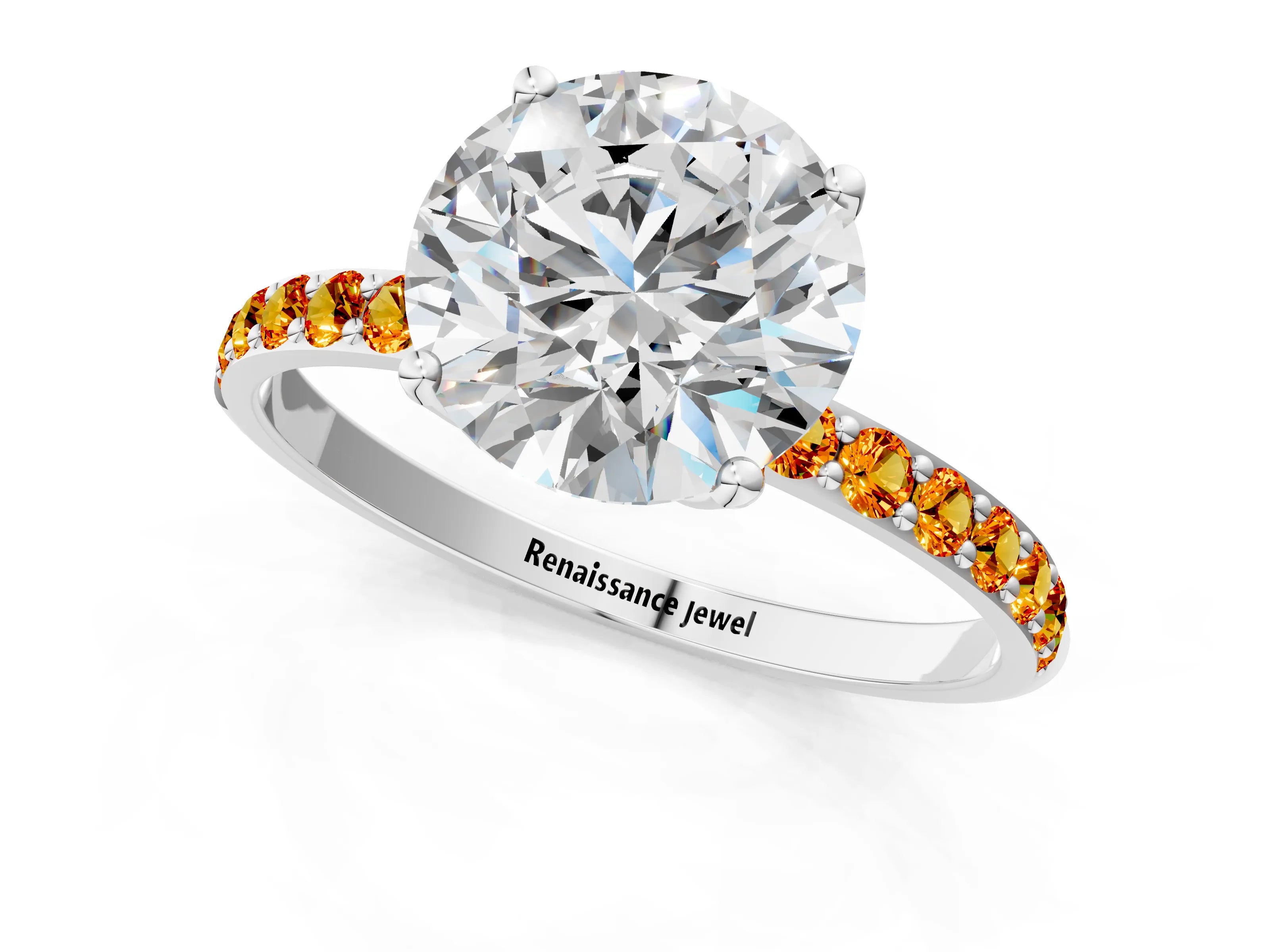 White gold Round Cut Diamond Solitaire Engagement Ring with Round with Citrine side stone Pavé Band and Prong Setting_1