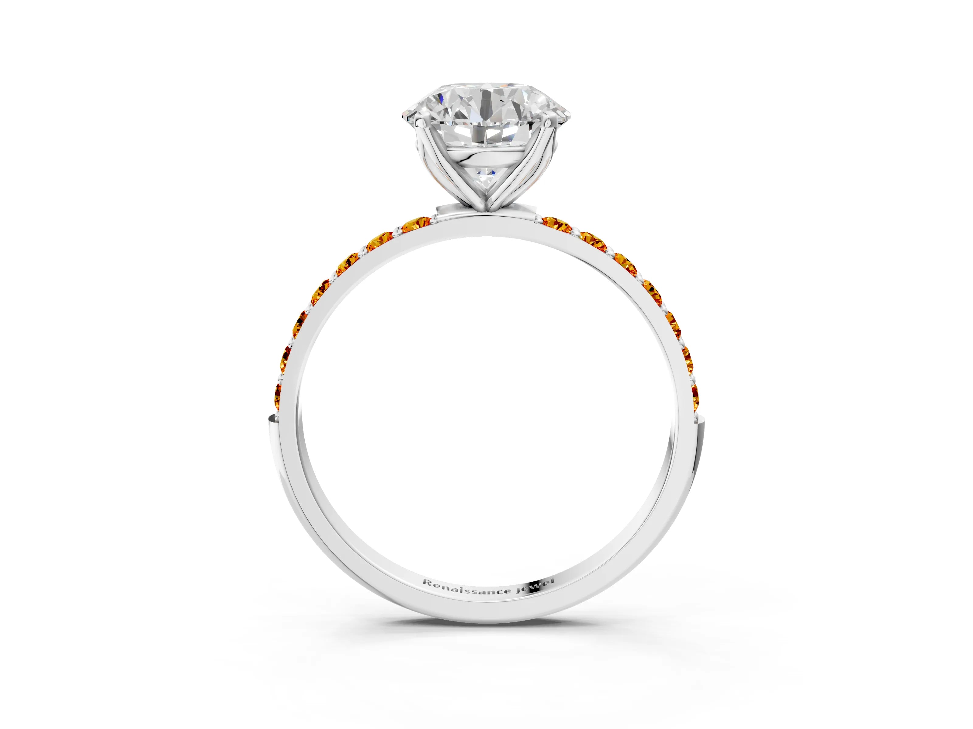 White gold Round Cut Diamond Solitaire Engagement Ring with Round with Citrine side stone Pavé Band and Prong Setting_3