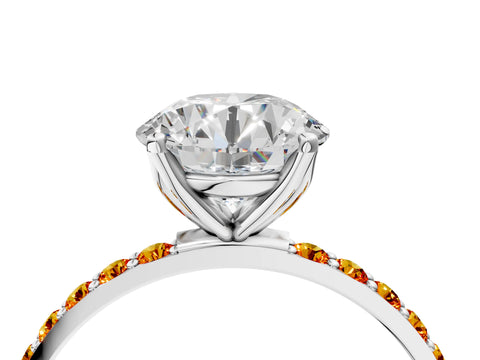 White gold Round Cut Diamond Solitaire Engagement Ring with Round with Citrine side stone Pavé Band and Prong Setting_4