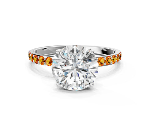 White gold Round Cut Diamond Solitaire Engagement Ring with Round with Citrine side stone Pavé Band and Prong Setting_78