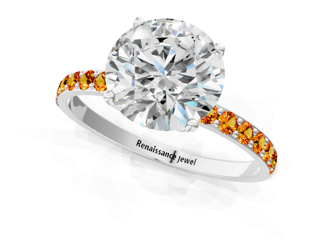 White gold Round Cut Diamond Solitaire Engagement Ring with Round with Citrine side stone Pavé Band and Prong Setting_79