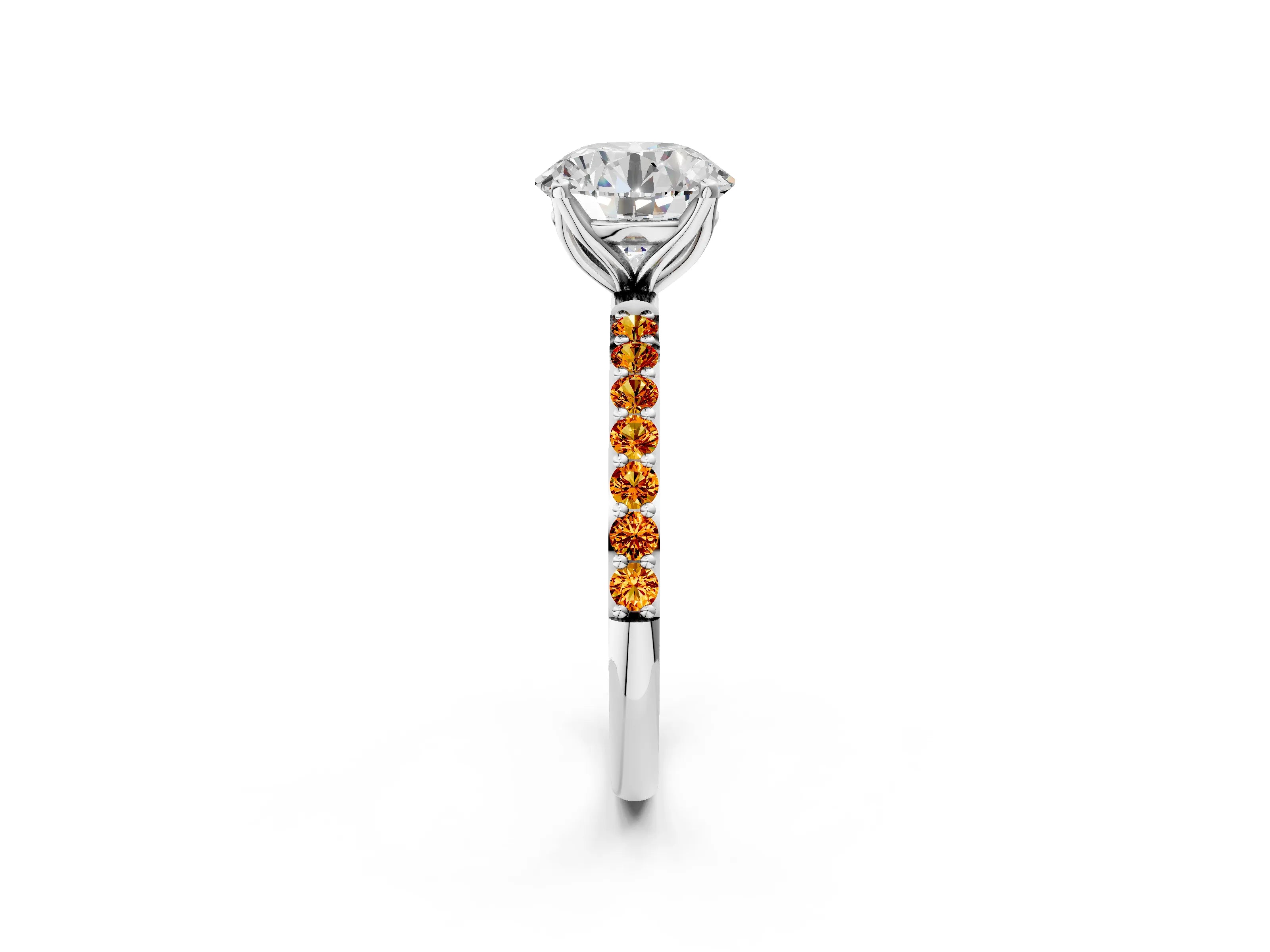 White gold Round Cut Diamond Solitaire Engagement Ring with Round with Citrine side stone Pavé Band and Prong Setting_80
