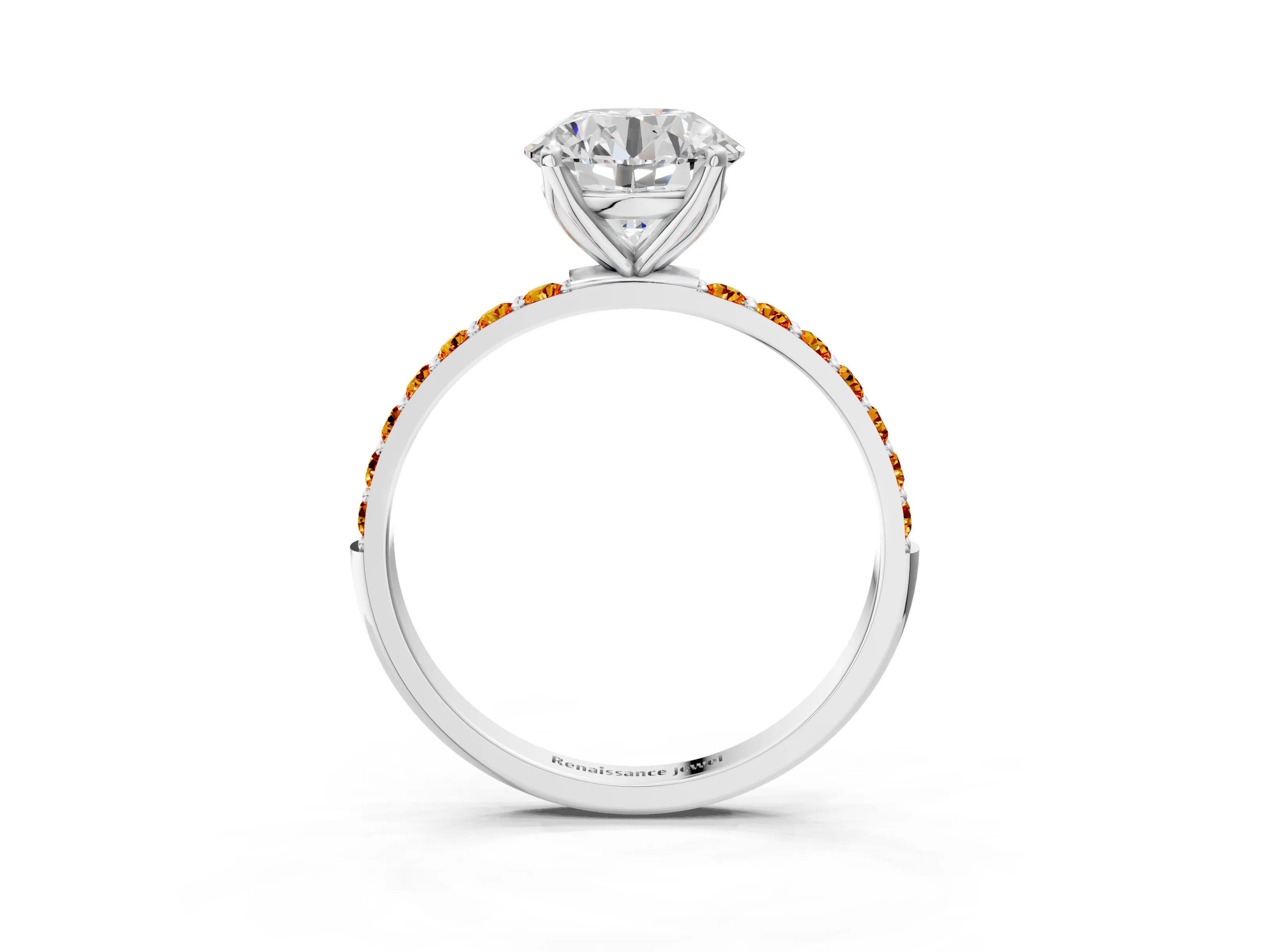 White gold Round Cut Diamond Solitaire Engagement Ring with Round with Citrine side stone Pavé Band and Prong Setting_81