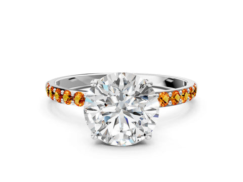 White gold Round Cut Diamond Solitaire Engagement Ring with Round with Citrine side stone Pavé Band and Prong Setting