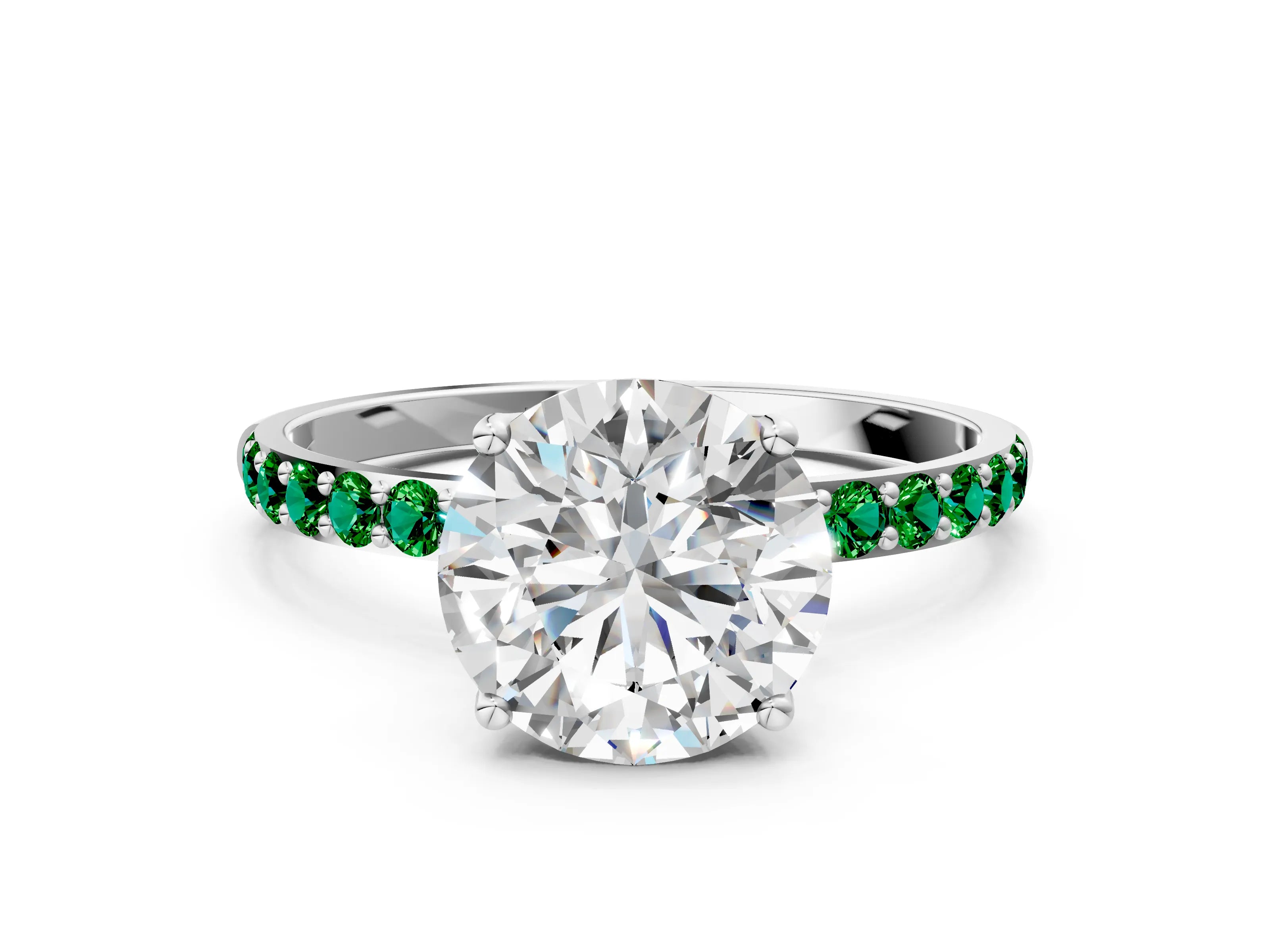 White gold Round Cut Diamond Solitaire Engagement Ring with Round with Emerald side stone Pavé Band and Prong Setting