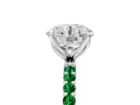 White gold Round Cut Diamond Solitaire Engagement Ring with Round with Emerald side stone Pavé Band and Prong Setting_101