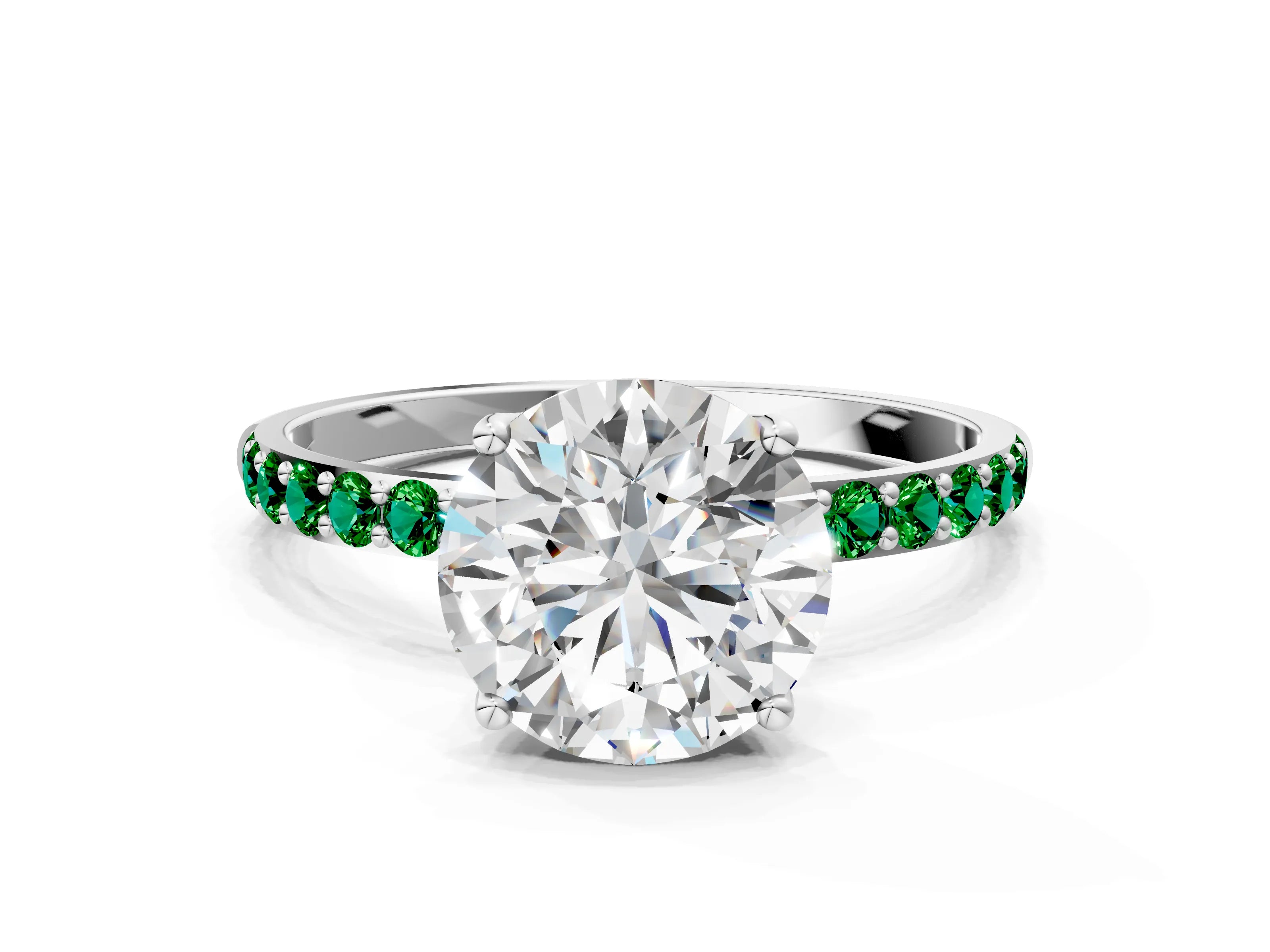 White gold Round Cut Diamond Solitaire Engagement Ring with Round with Emerald side stone Pavé Band and Prong Setting_12