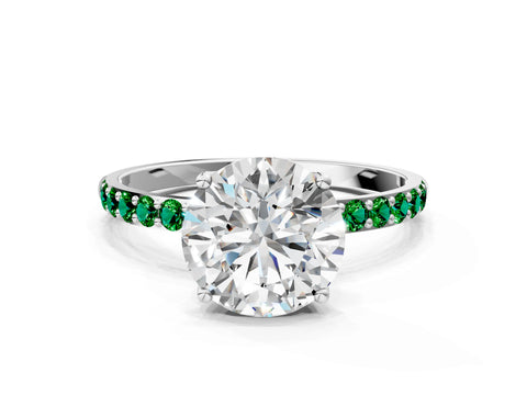 White gold Round Cut Diamond Solitaire Engagement Ring with Round with Emerald side stone Pavé Band and Prong Setting_12