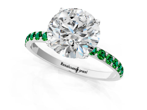 White gold Round Cut Diamond Solitaire Engagement Ring with Round with Emerald side stone Pavé Band and Prong Setting_13