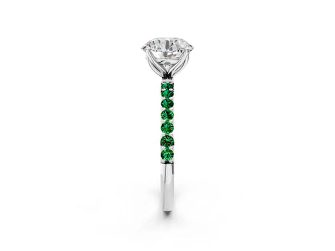 White gold Round Cut Diamond Solitaire Engagement Ring with Round with Emerald side stone Pavé Band and Prong Setting_14