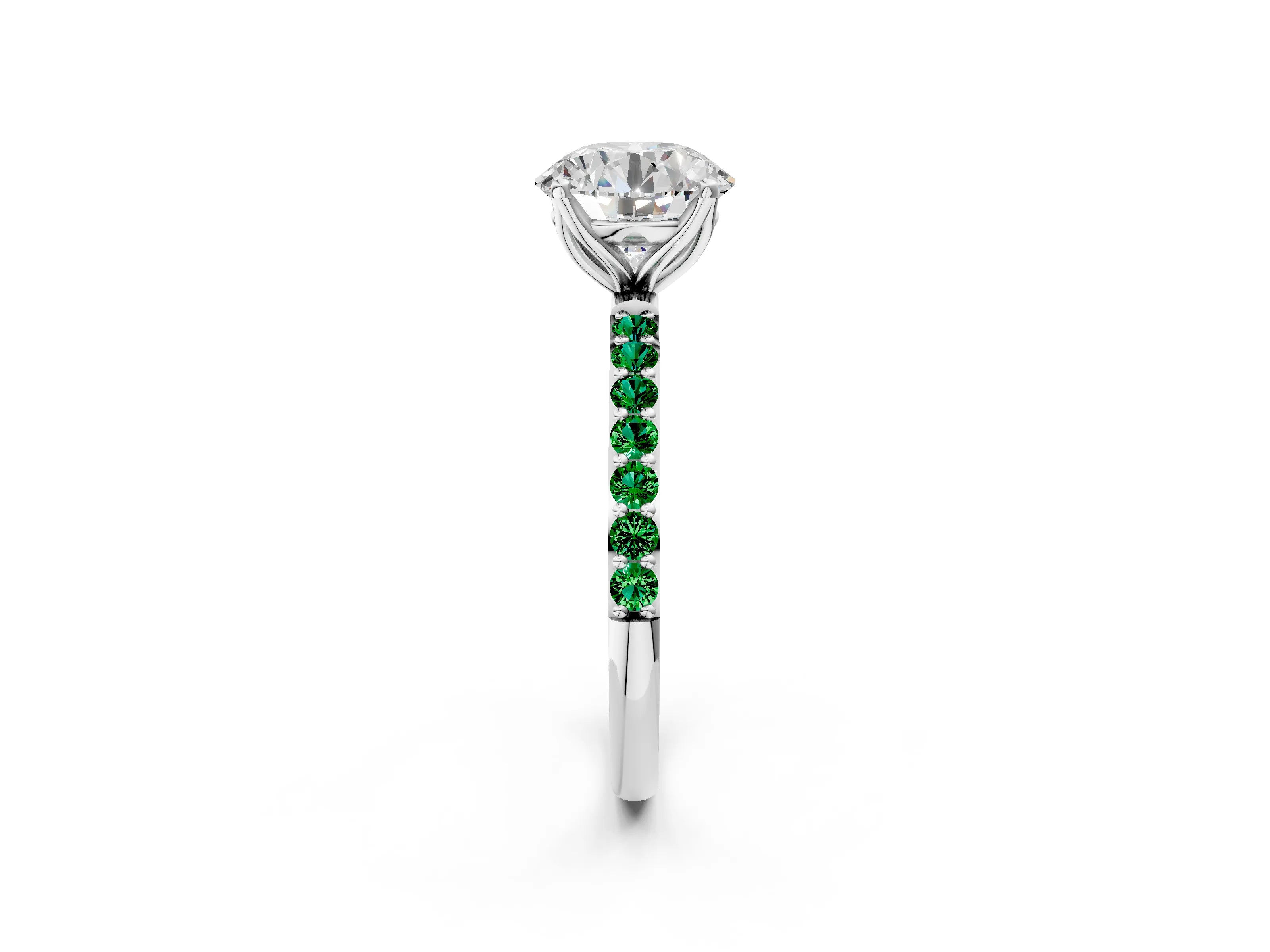 White gold Round Cut Diamond Solitaire Engagement Ring with Round with Emerald side stone Pavé Band and Prong Setting_14