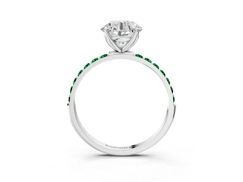 White gold Round Cut Diamond Solitaire Engagement Ring with Round with Emerald side stone Pavé Band and Prong Setting_15