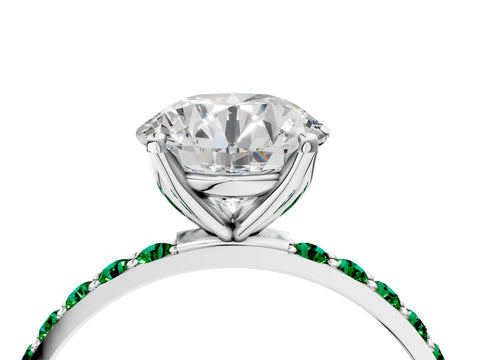 White gold Round Cut Diamond Solitaire Engagement Ring with Round with Emerald side stone Pavé Band and Prong Setting_16