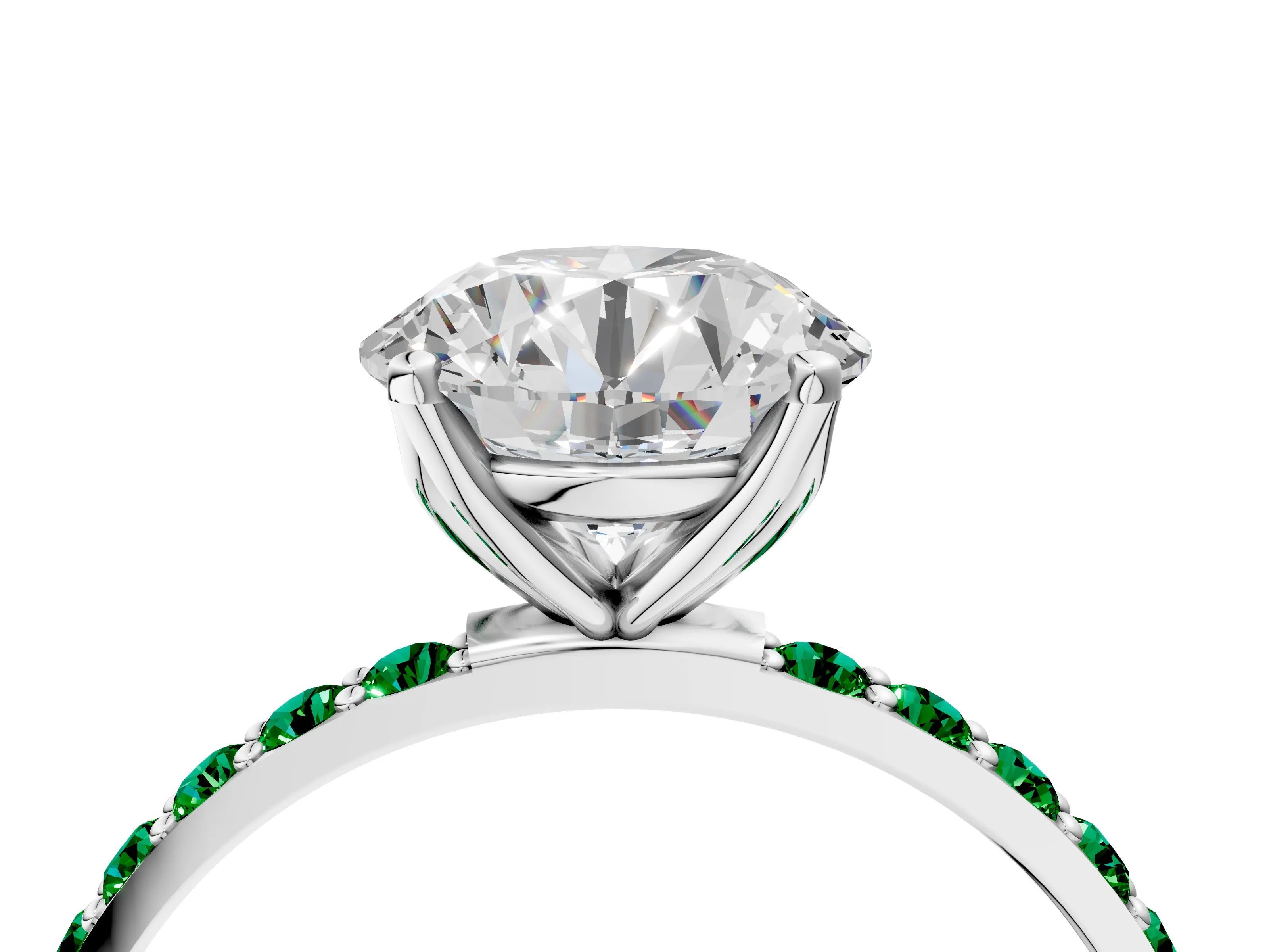 White gold Round Cut Diamond Solitaire Engagement Ring with Round with Emerald side stone Pavé Band and Prong Setting_16