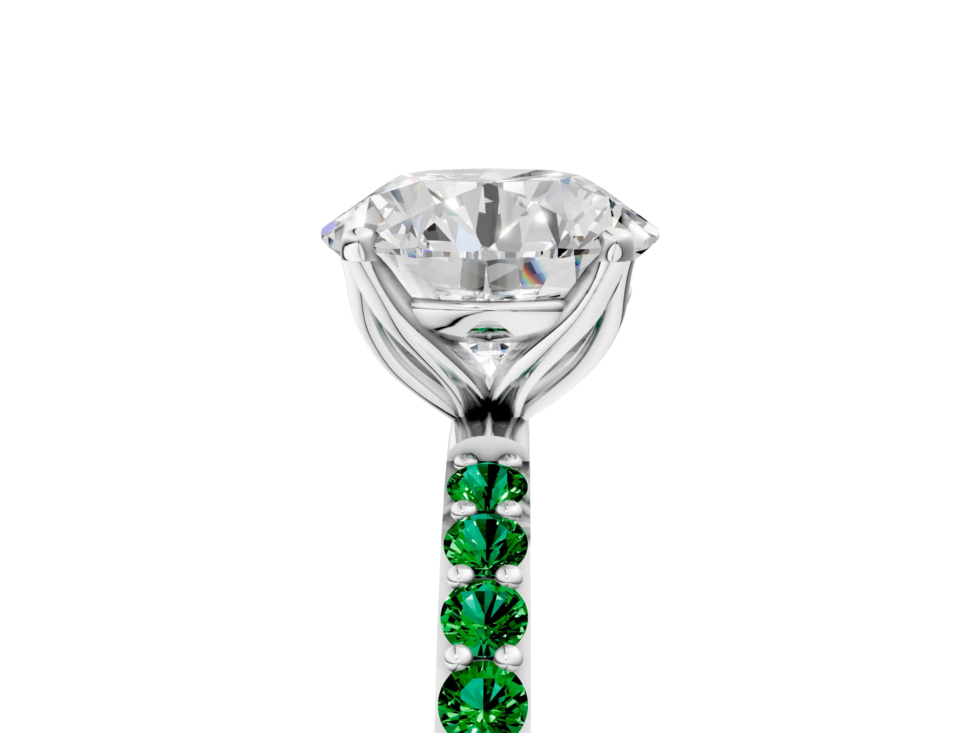 White gold Round Cut Diamond Solitaire Engagement Ring with Round with Emerald side stone Pavé Band and Prong Setting_17