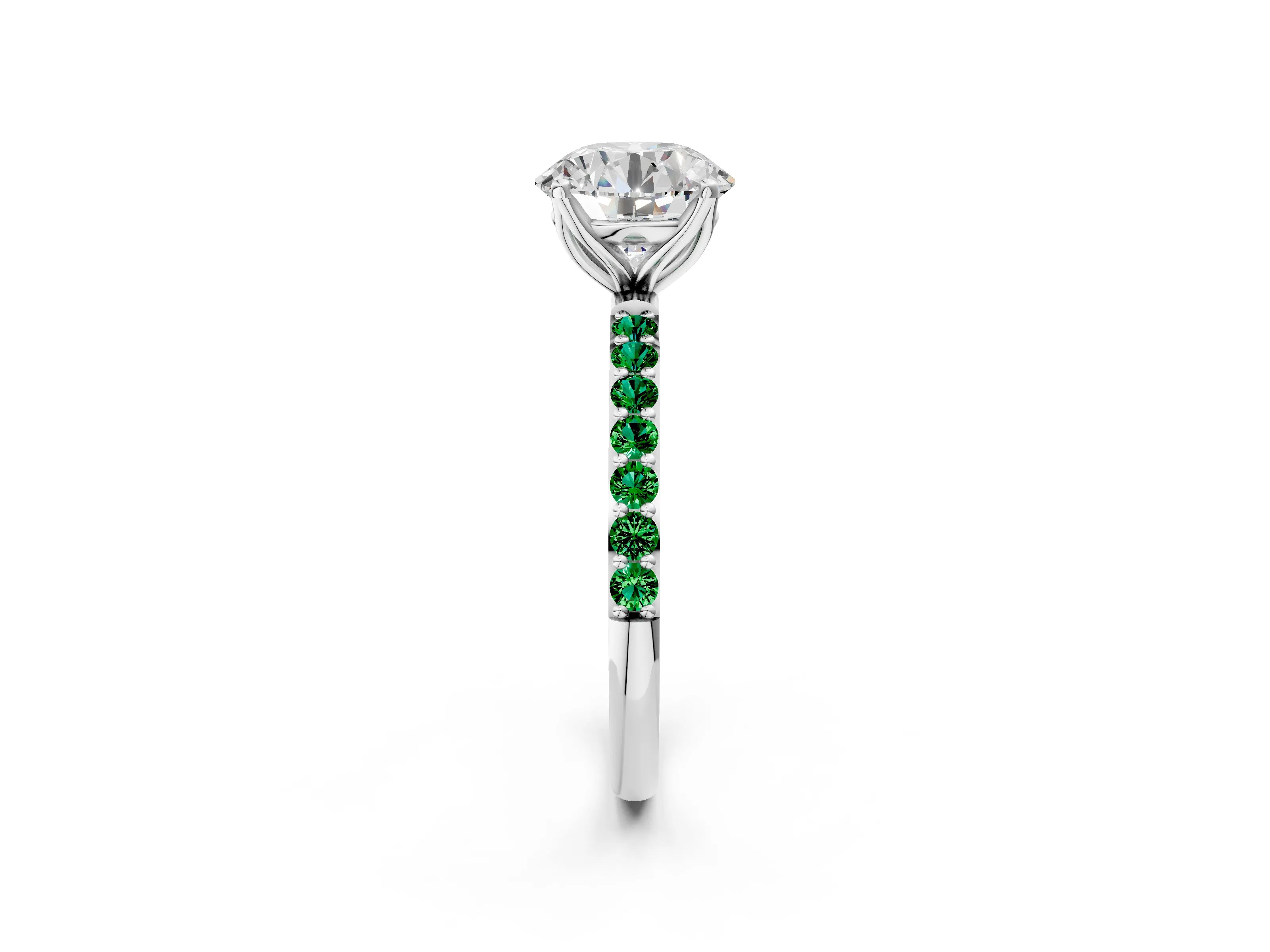 White gold Round Cut Diamond Solitaire Engagement Ring with Round with Emerald side stone Pavé Band and Prong Setting_2