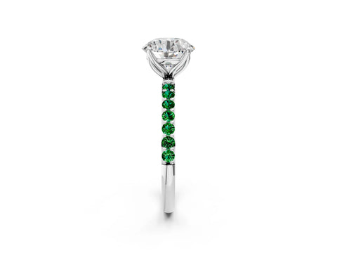White gold Round Cut Diamond Solitaire Engagement Ring with Round with Emerald side stone Pavé Band and Prong Setting_2