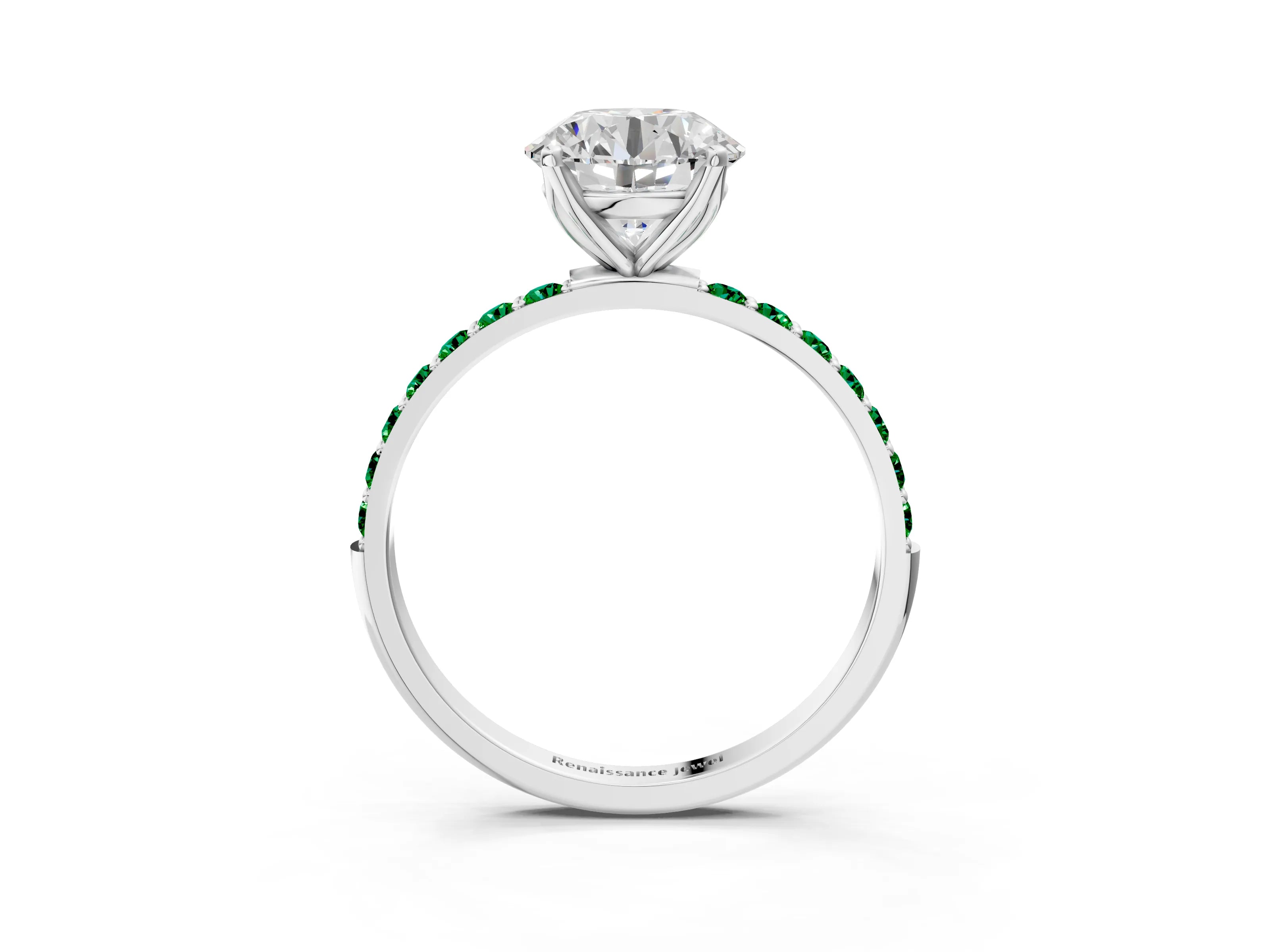 White gold Round Cut Diamond Solitaire Engagement Ring with Round with Emerald side stone Pavé Band and Prong Setting_3