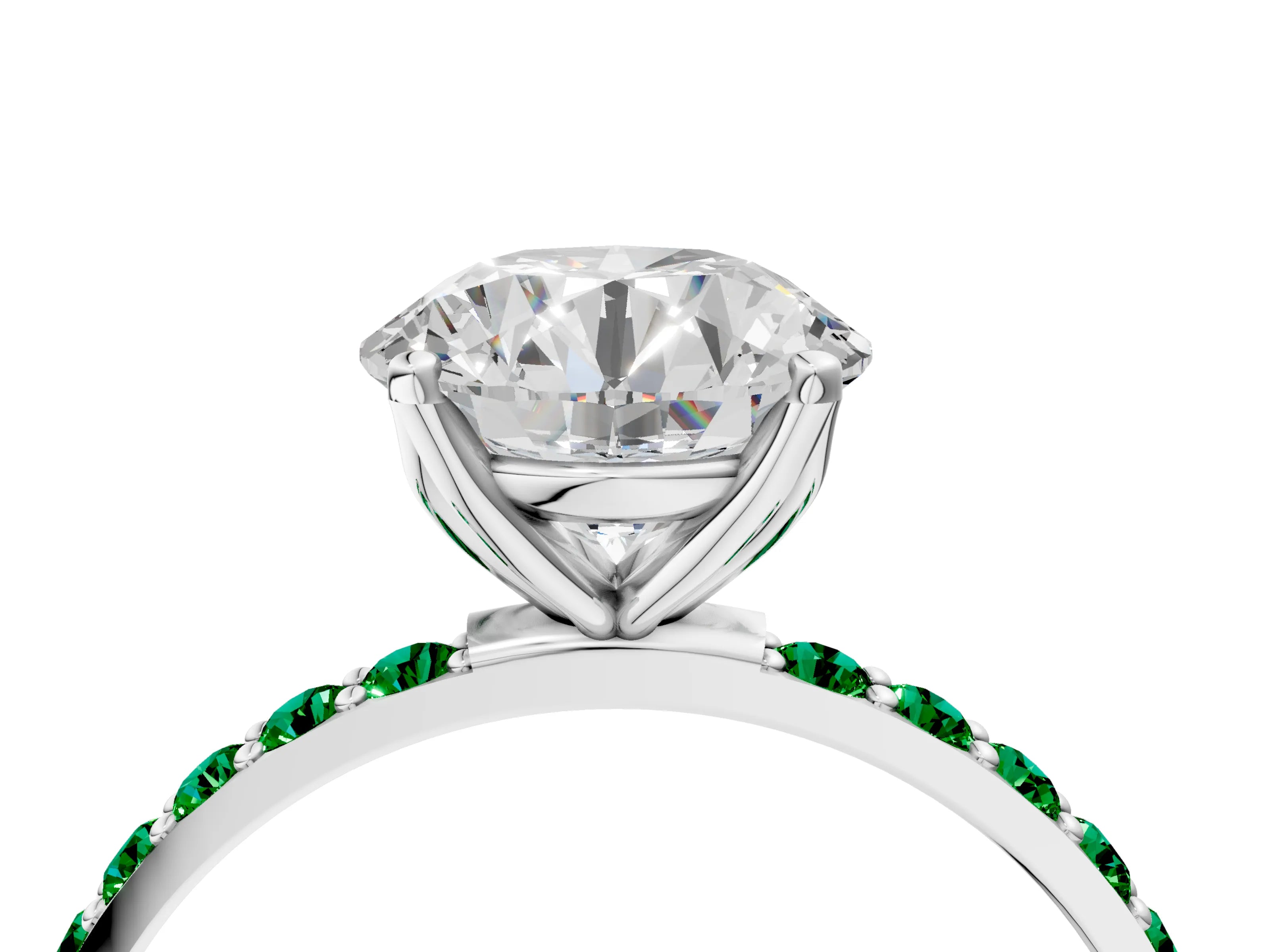 White gold Round Cut Diamond Solitaire Engagement Ring with Round with Emerald side stone Pavé Band and Prong Setting_4