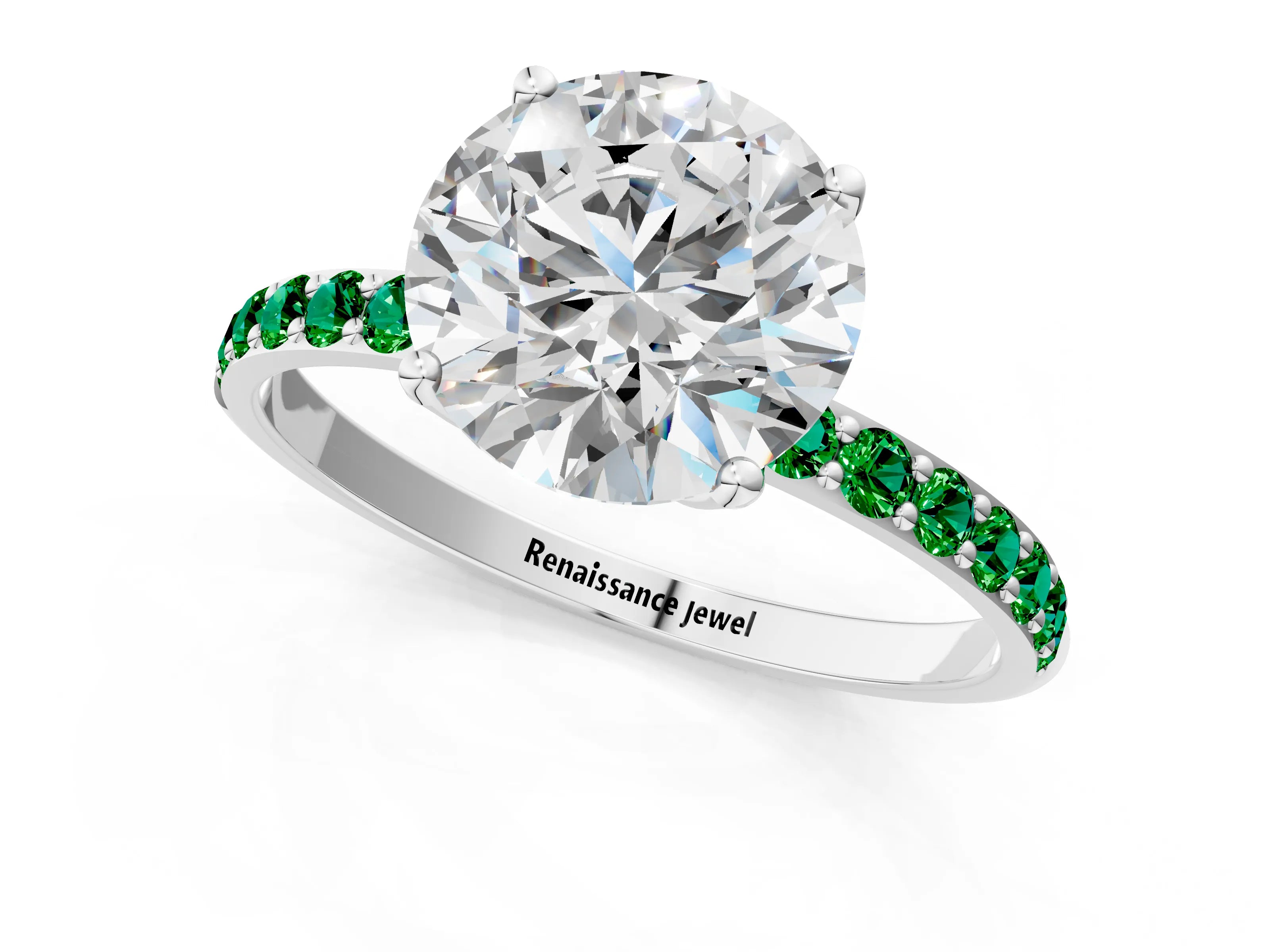 White gold Round Cut Diamond Solitaire Engagement Ring with Round with Emerald side stone Pavé Band and Prong Setting_97