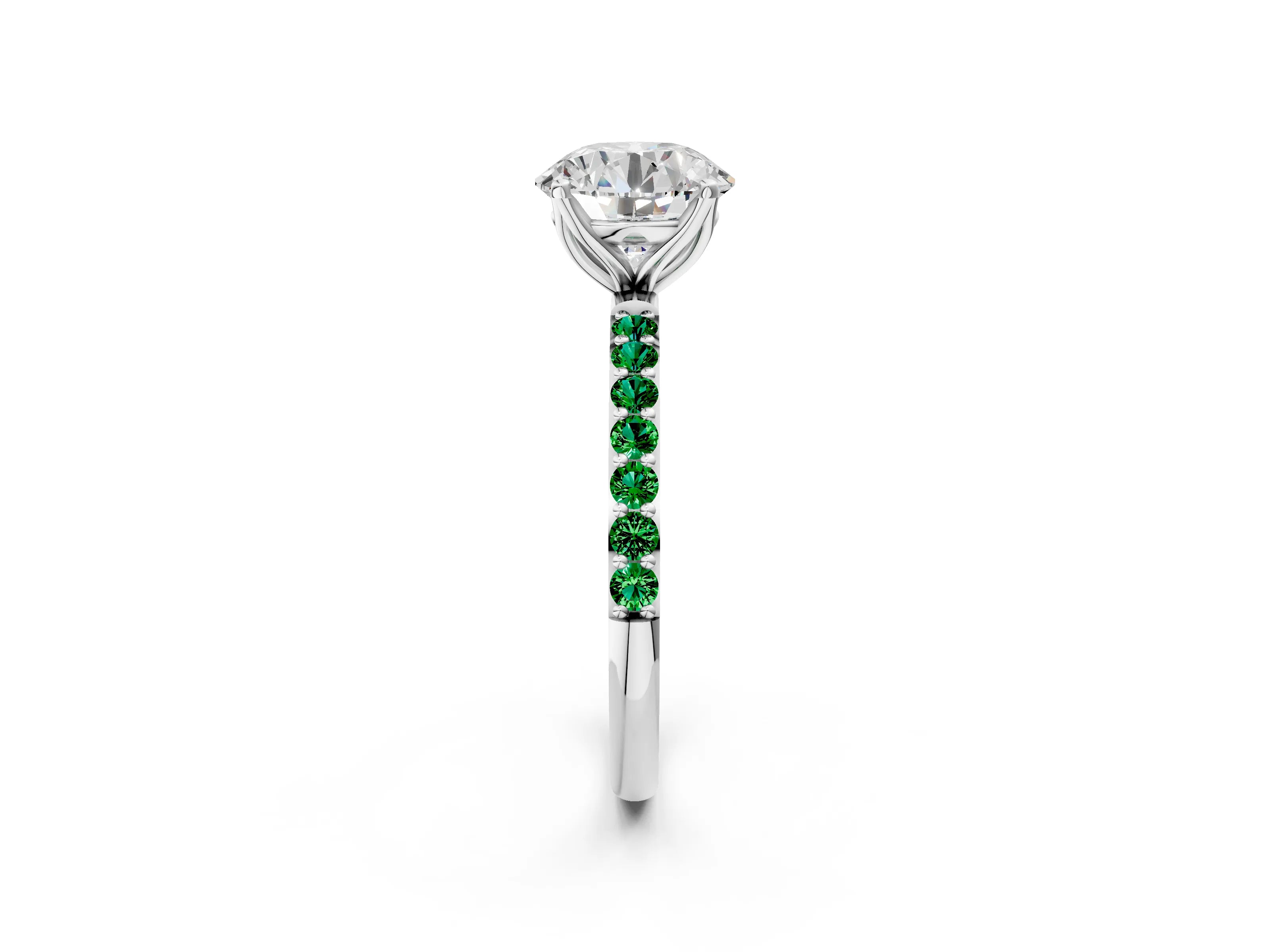 White gold Round Cut Diamond Solitaire Engagement Ring with Round with Emerald side stone Pavé Band and Prong Setting_98