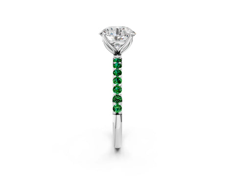 White gold Round Cut Diamond Solitaire Engagement Ring with Round with Emerald side stone Pavé Band and Prong Setting_98