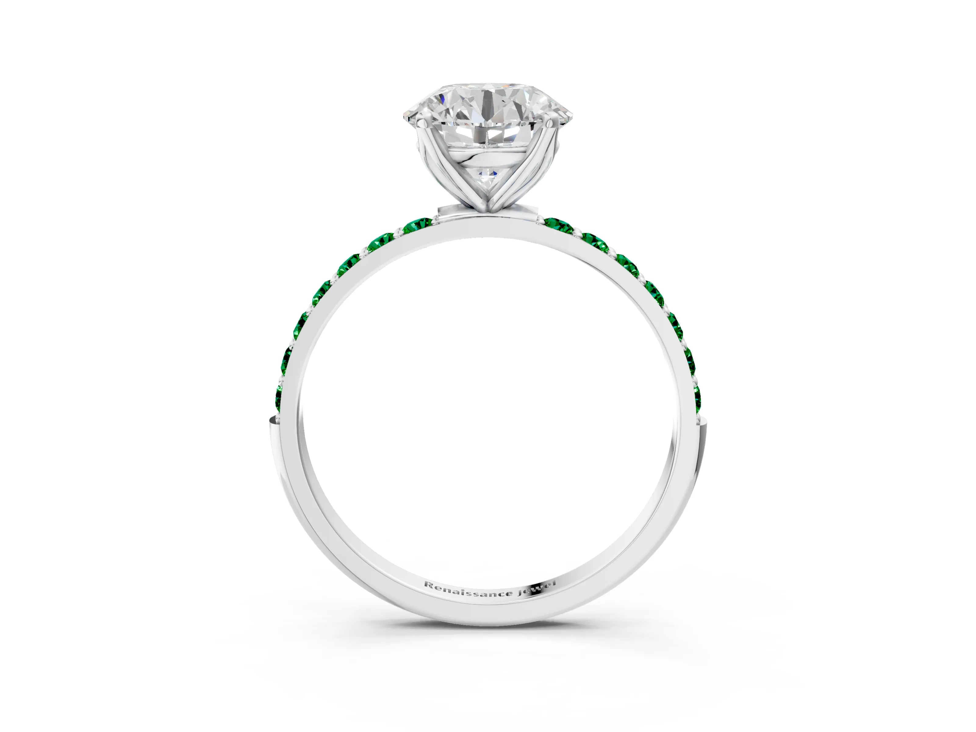 White gold Round Cut Diamond Solitaire Engagement Ring with Round with Emerald side stone Pavé Band and Prong Setting_99